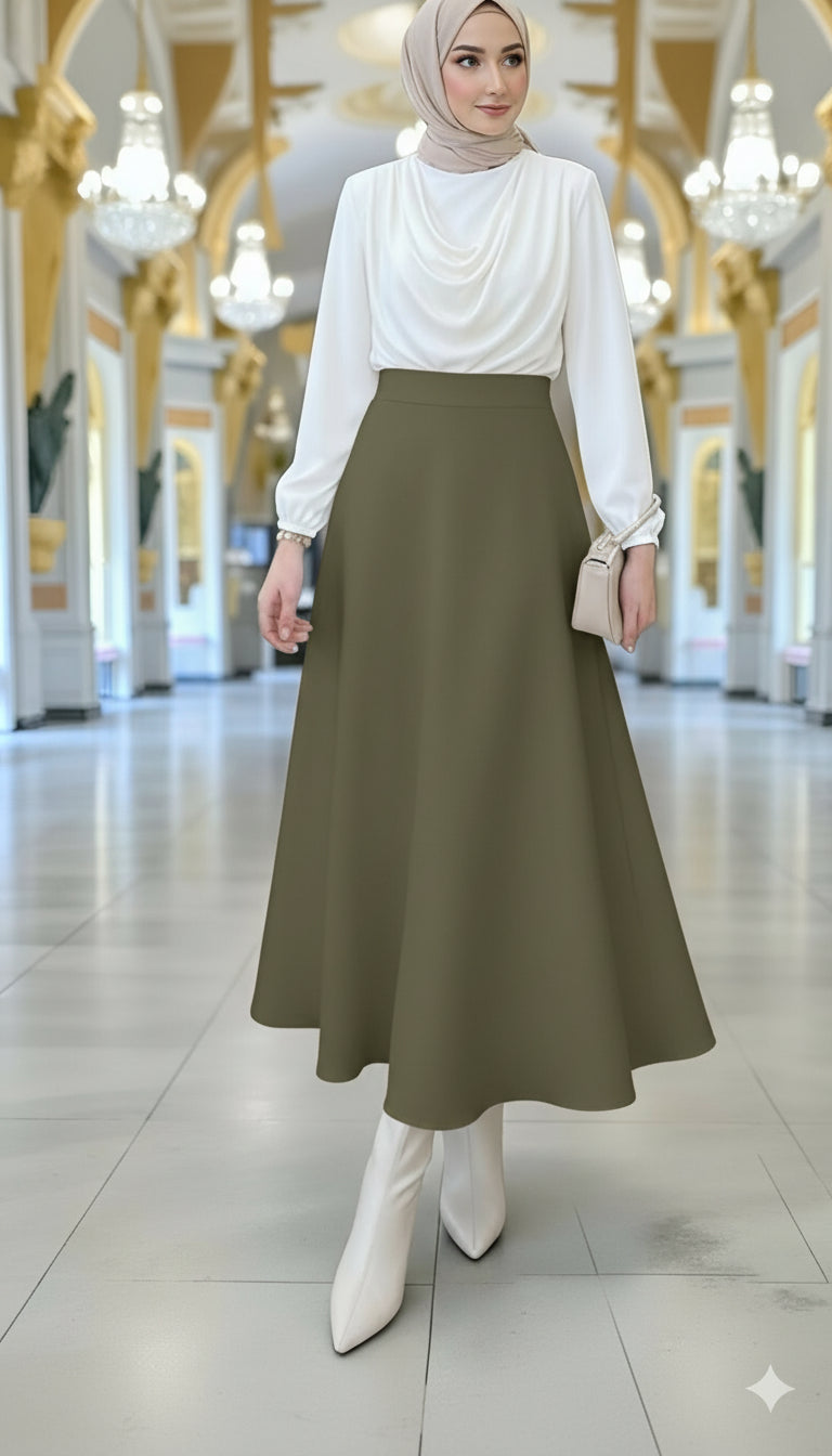 Olive Green A-Line Elastic Waist Modest Scuba Maxi Skirt