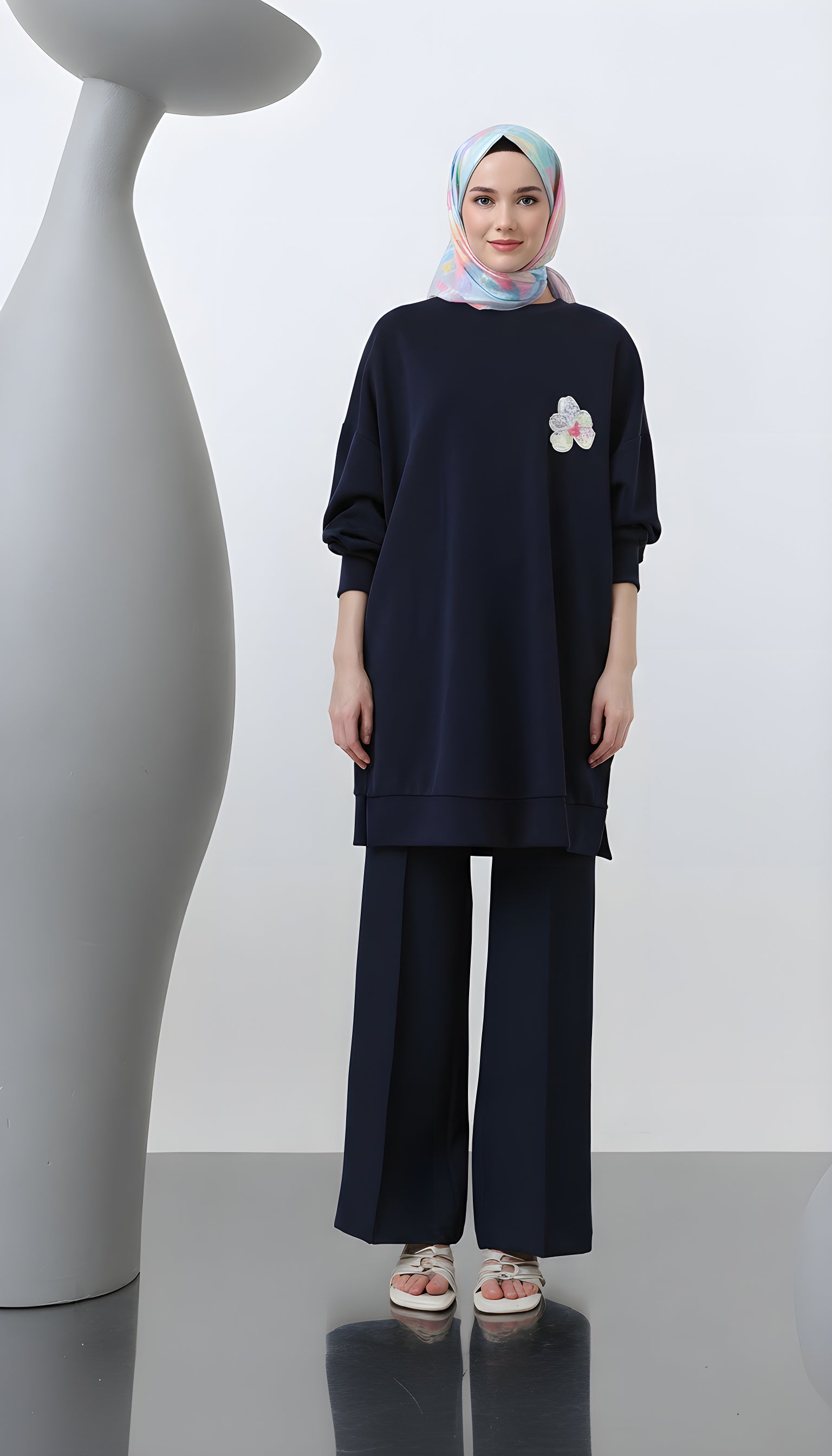 navy bloom modest embroidered longline tunic