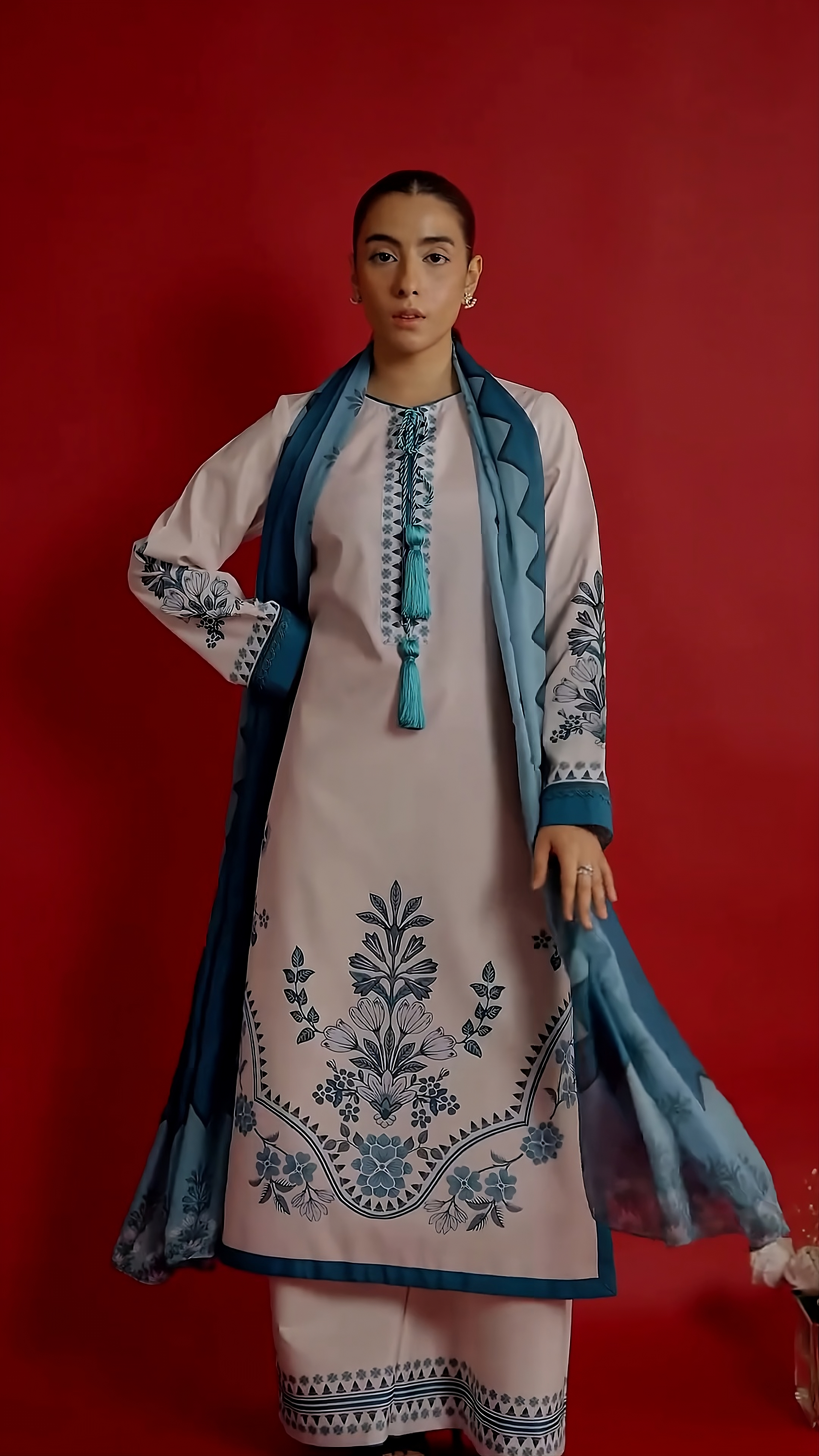 ivory teal floral modest kurta set