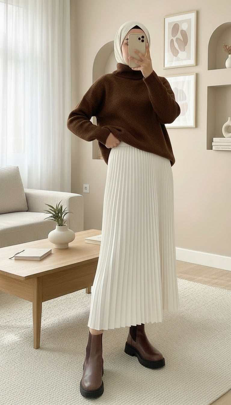 light grey pleated modest skirt women