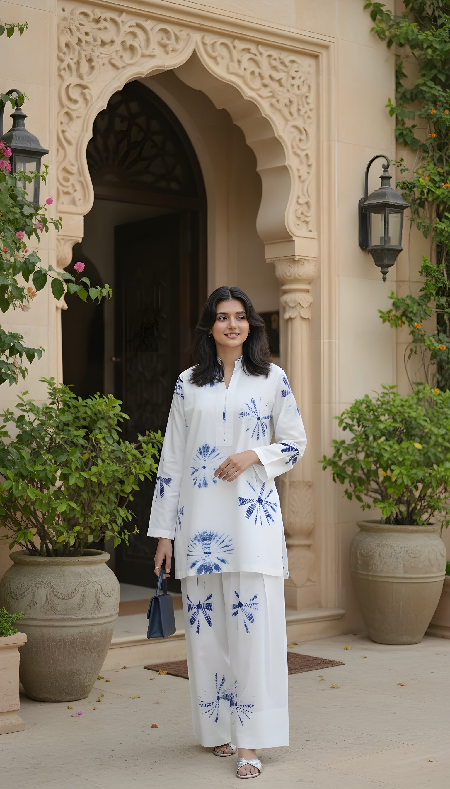 white and indigo modest cotton co ord