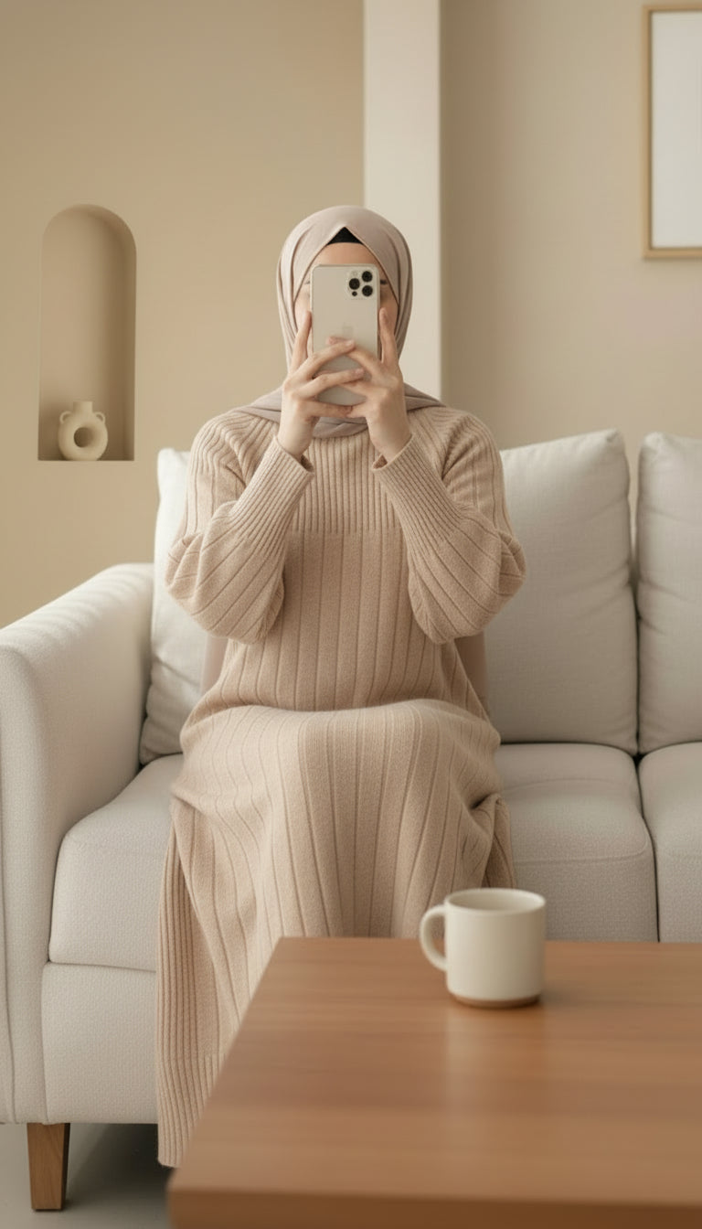 minimalist beige modest knit dress