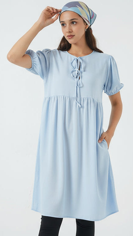 haya and kalos light blue modest tie front dress
