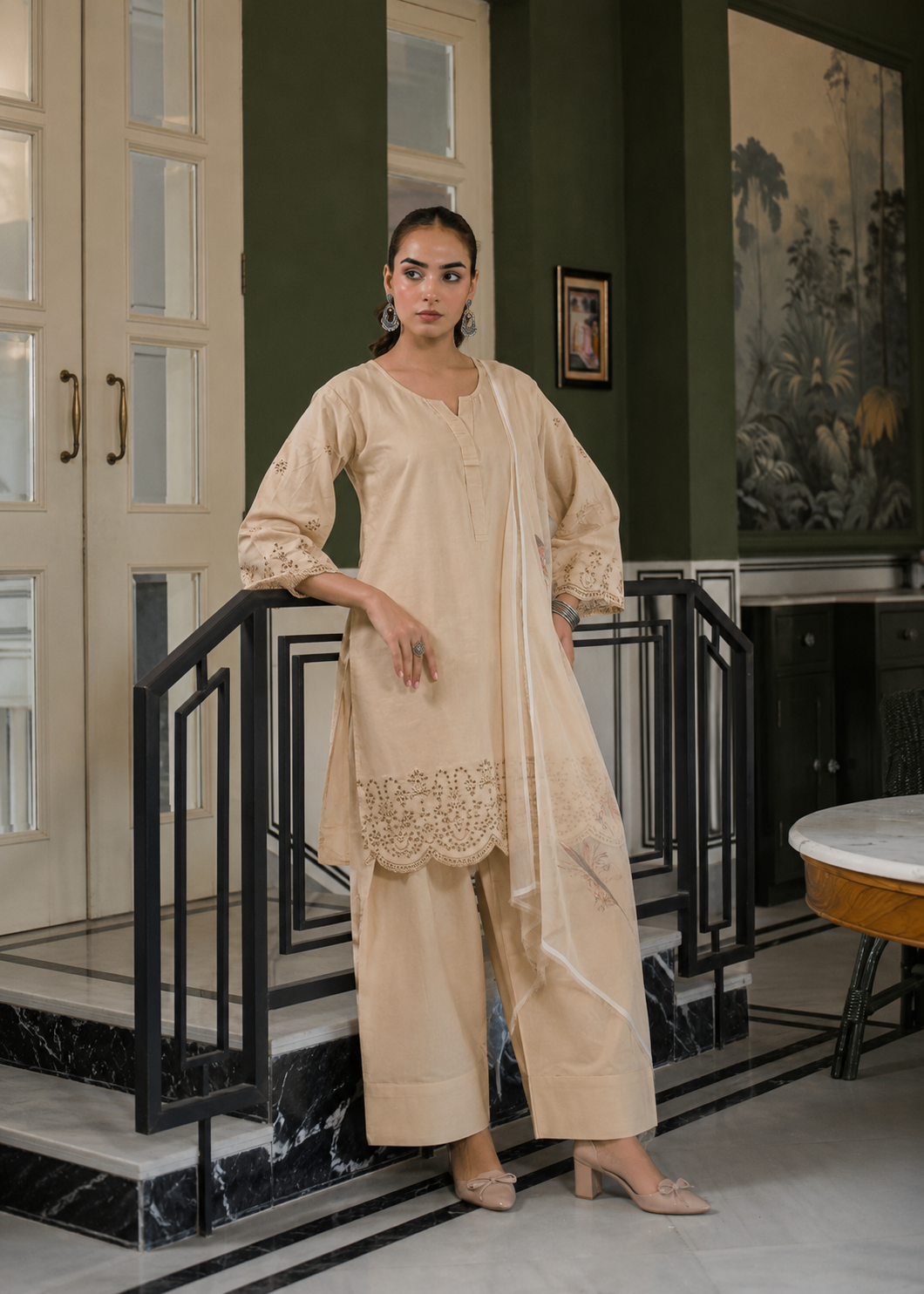 beige embroidered modest outfit women