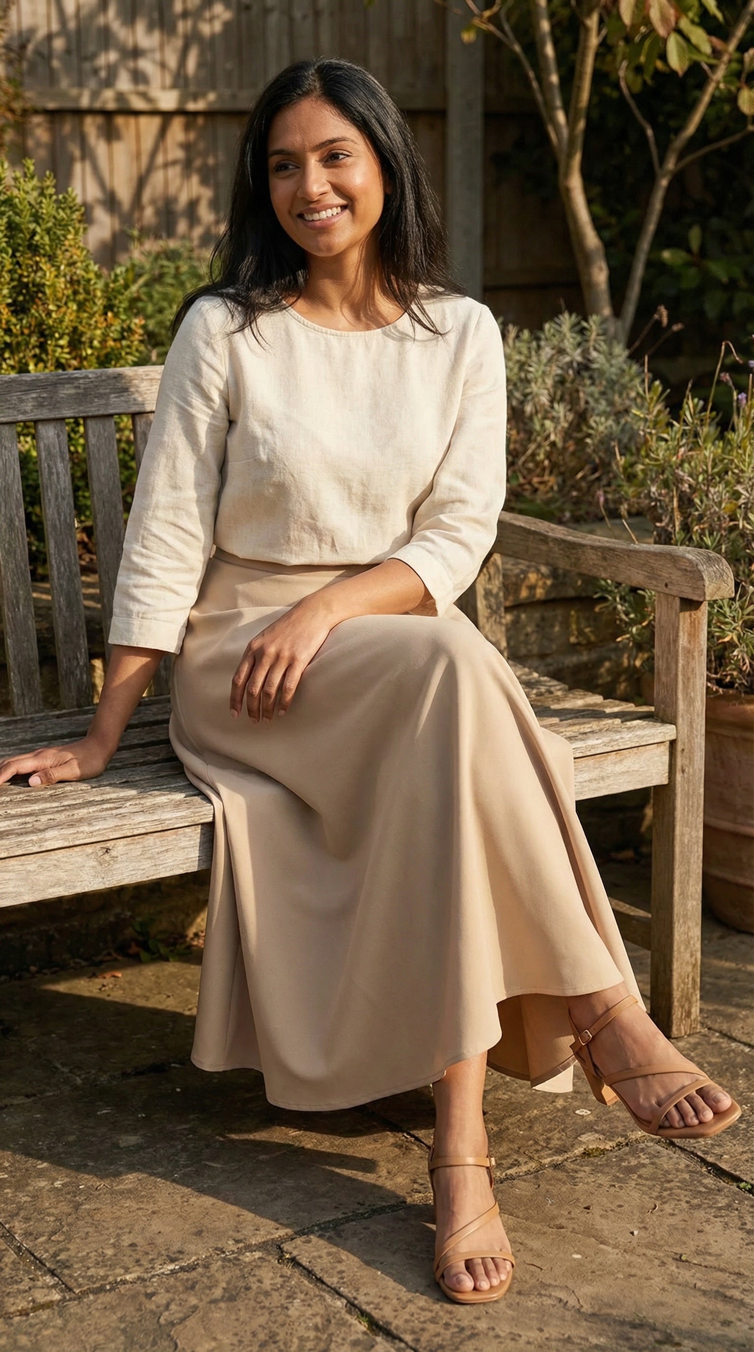 Beige A-Line Elastic Waist Modest Scuba Maxi Skirt