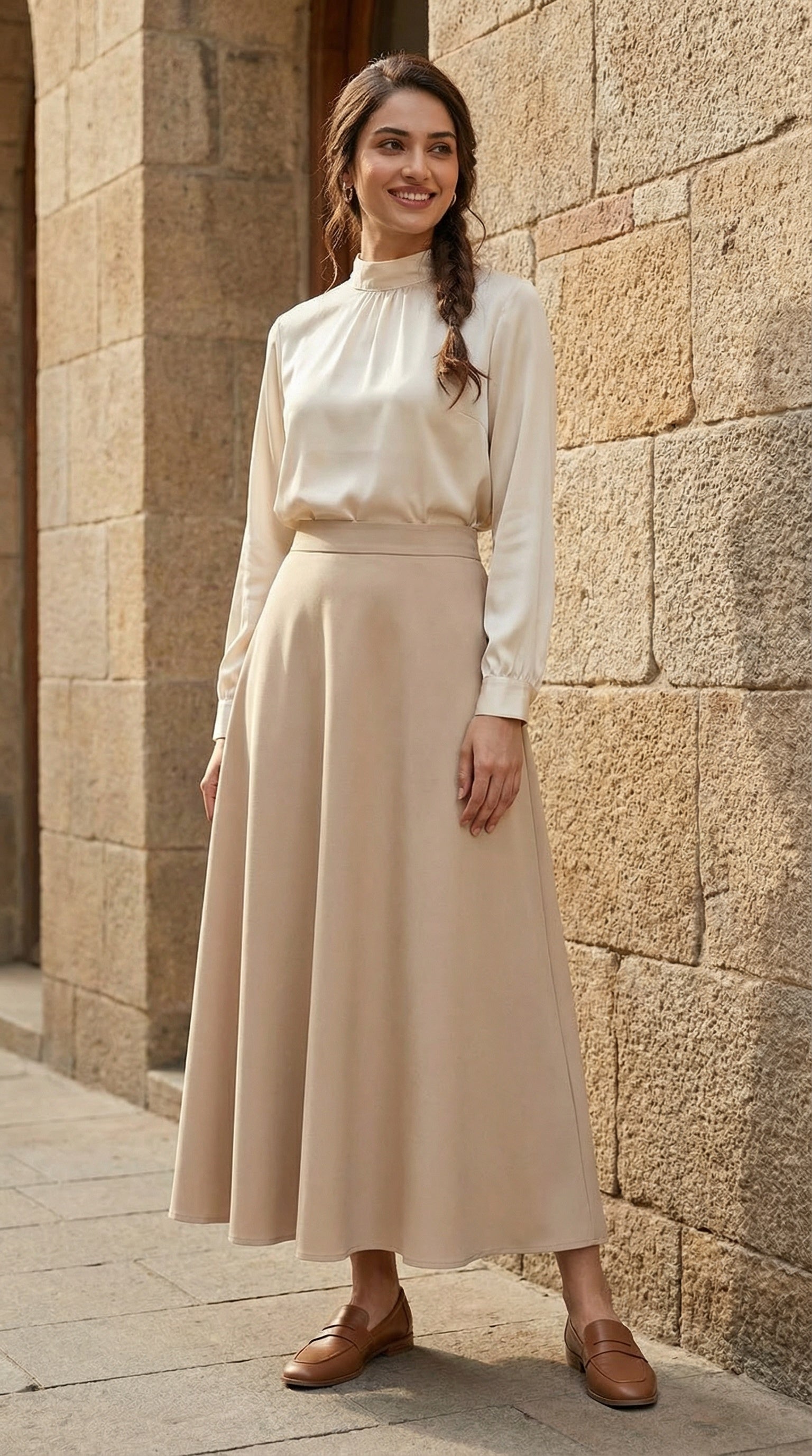 Beige A-Line Elastic Waist Modest Scuba Maxi Skirt