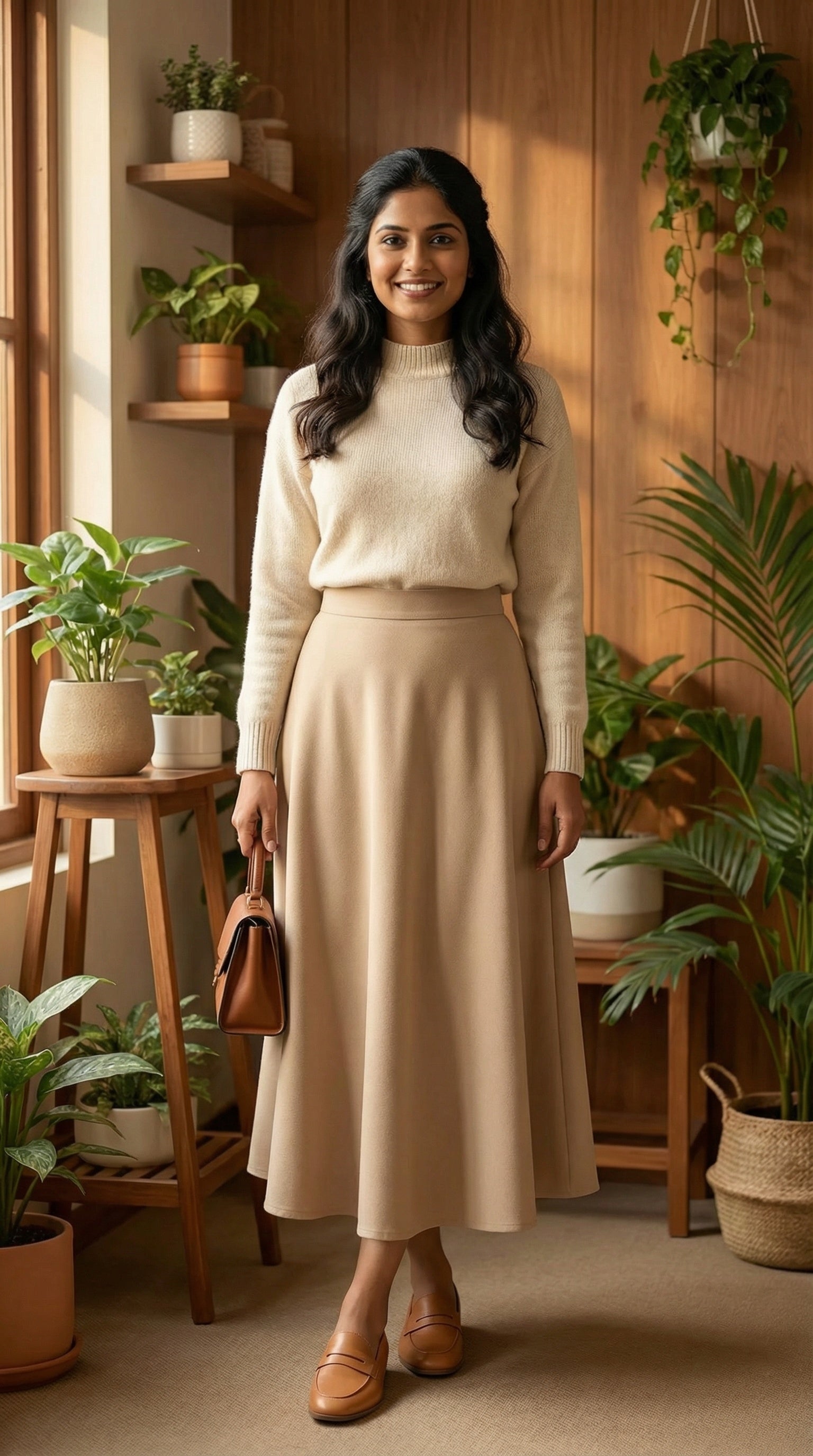 Beige A-Line Elastic Waist Modest Scuba Maxi Skirt