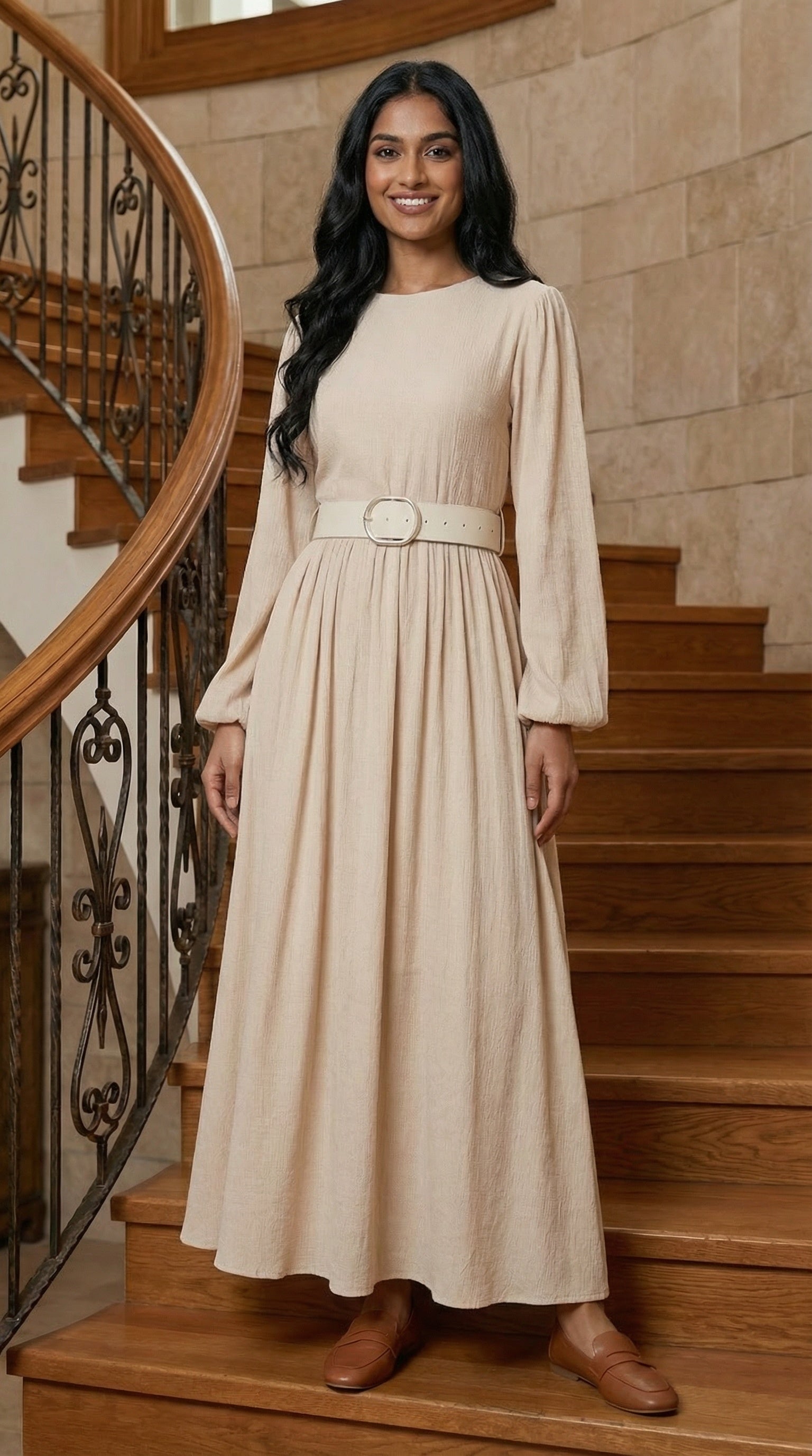 Beige Luxe Felicity Modest Elegant Formal Dress | Haya & Kalos India Beige Luxe Felicity Modest Elegant Formal Dress | Haya & Kalos India
