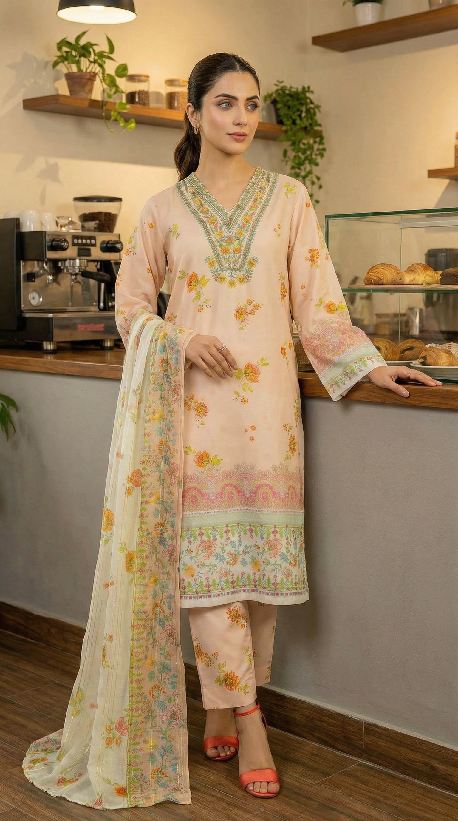 floral pastel modest lawn suit with dupatta