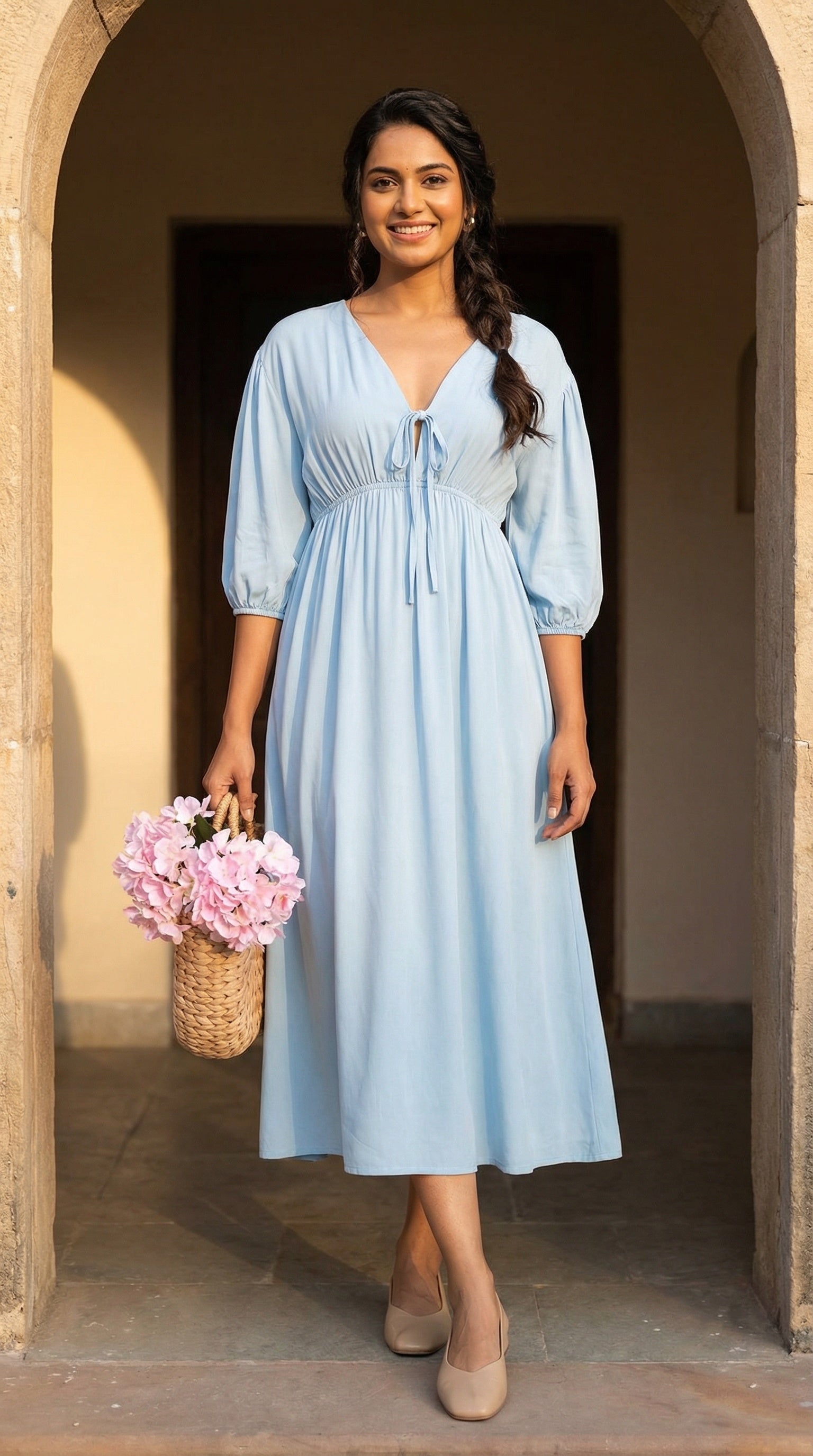 Blue Modest Fit & Flare V-Neck Midi Dress – Elegant Daywear