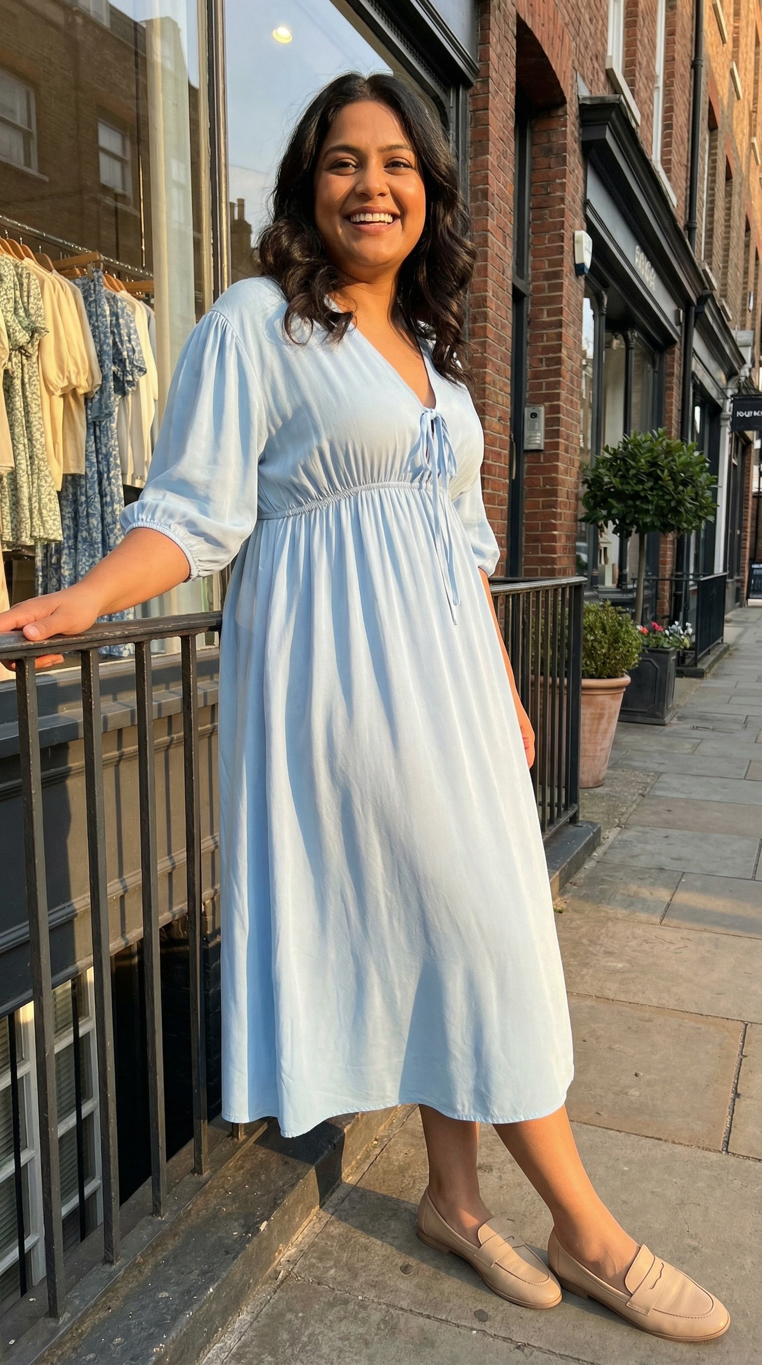 Blue Modest Fit & Flare V-Neck Midi Dress – Elegant Daywear