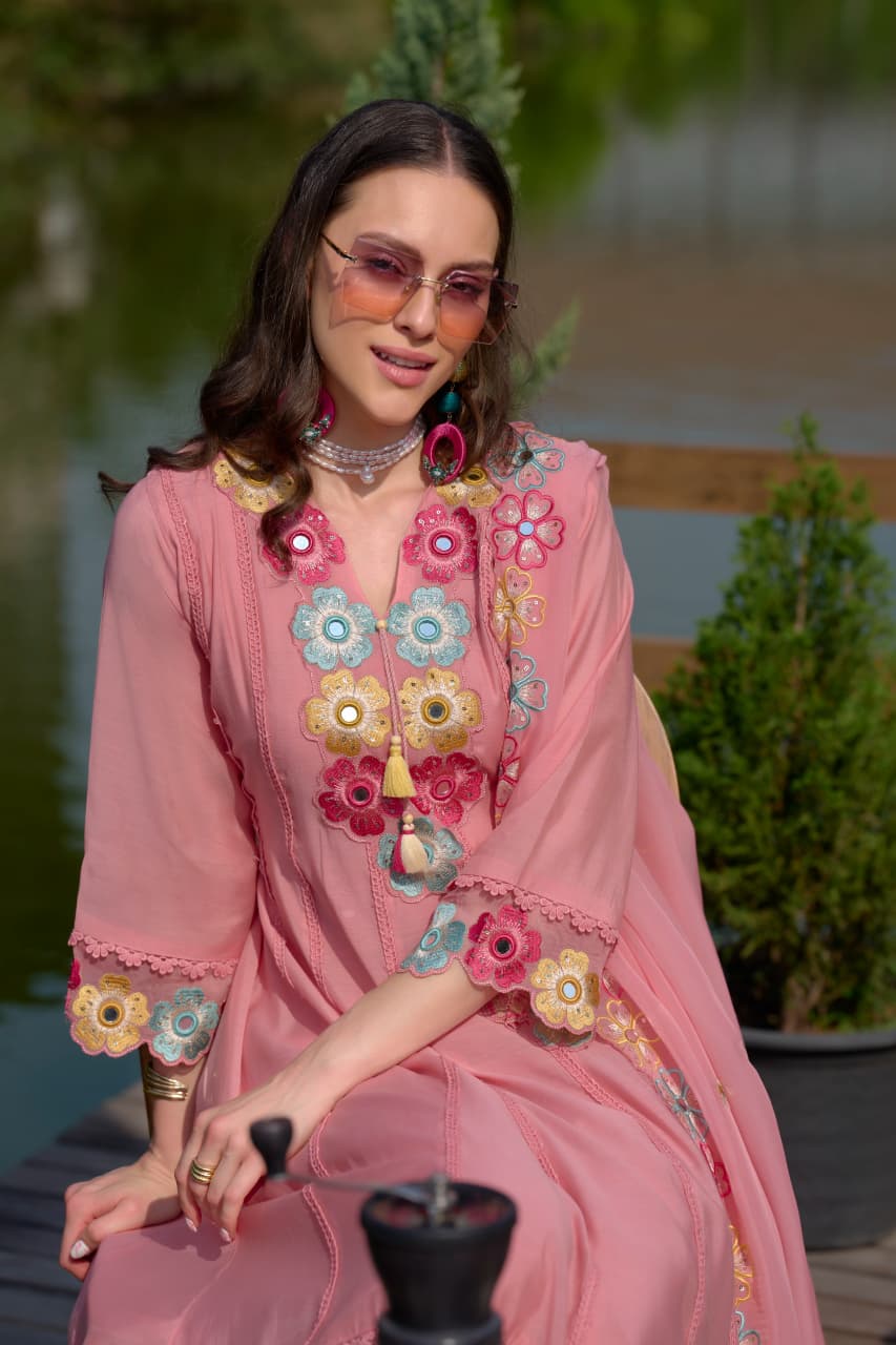 mirror work mul chanderi kurta set