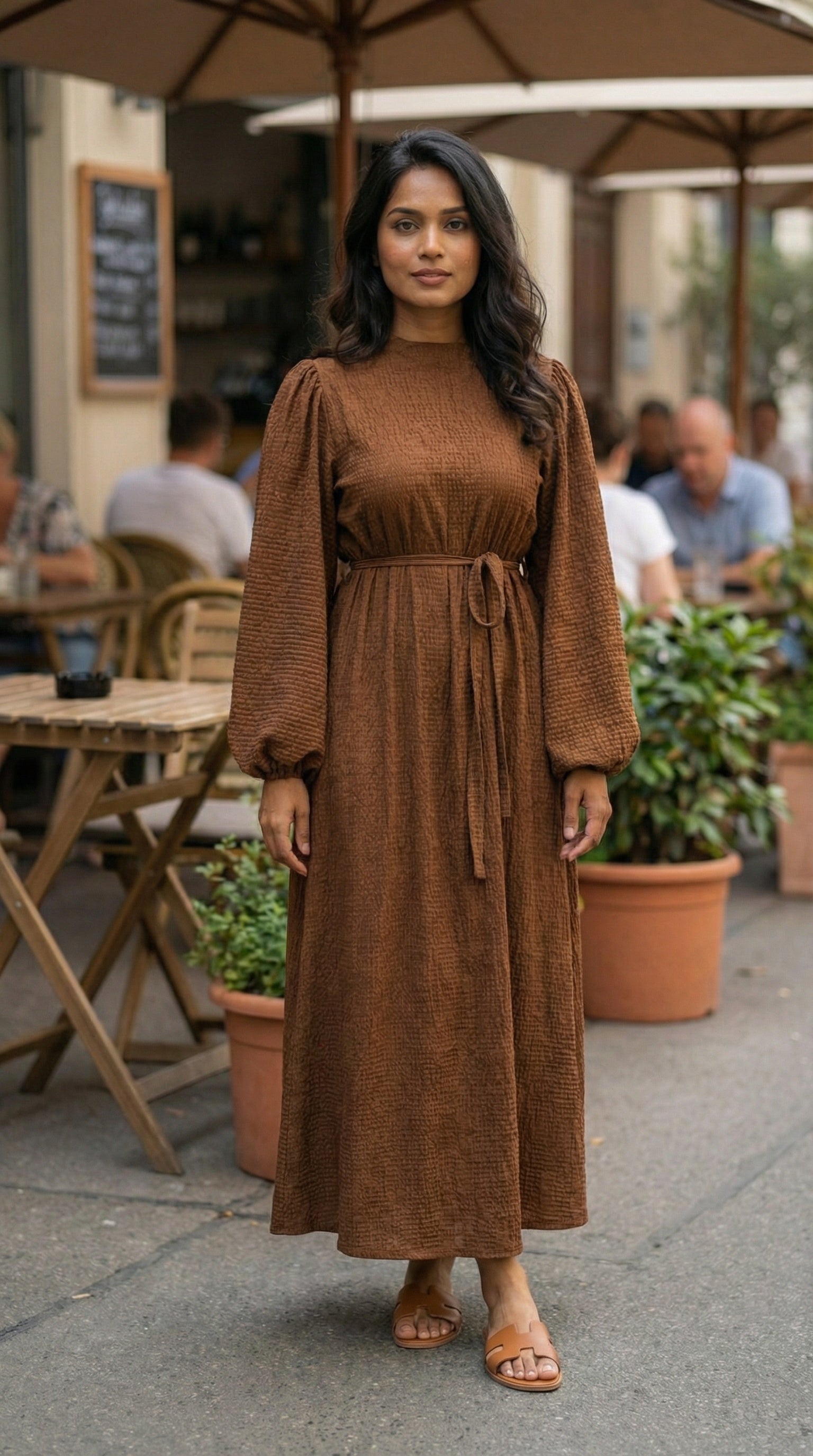 Brown Terra Modest Waist-Tied Maxi Dress