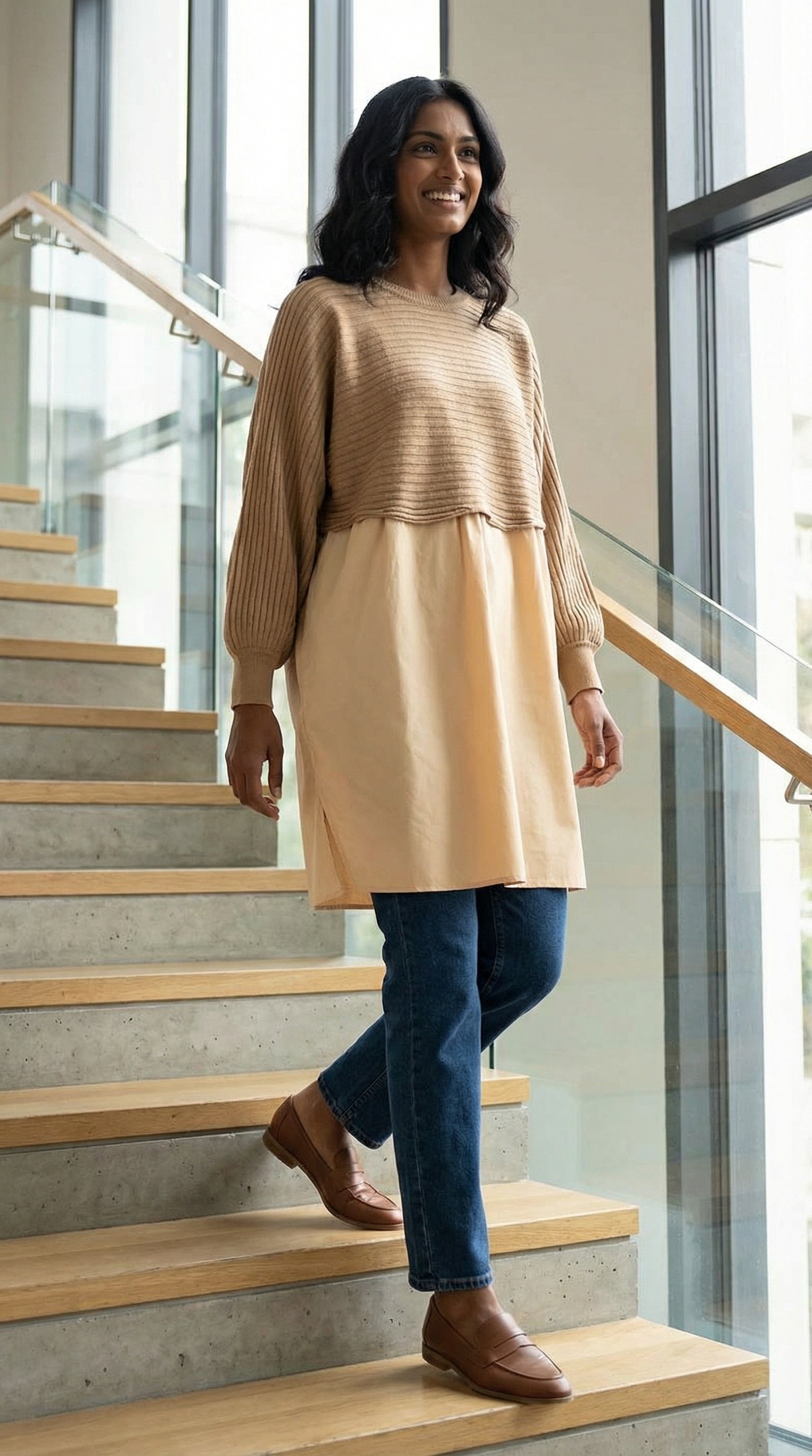 Camel Cream Modest Two-Tone Elegant Tunic