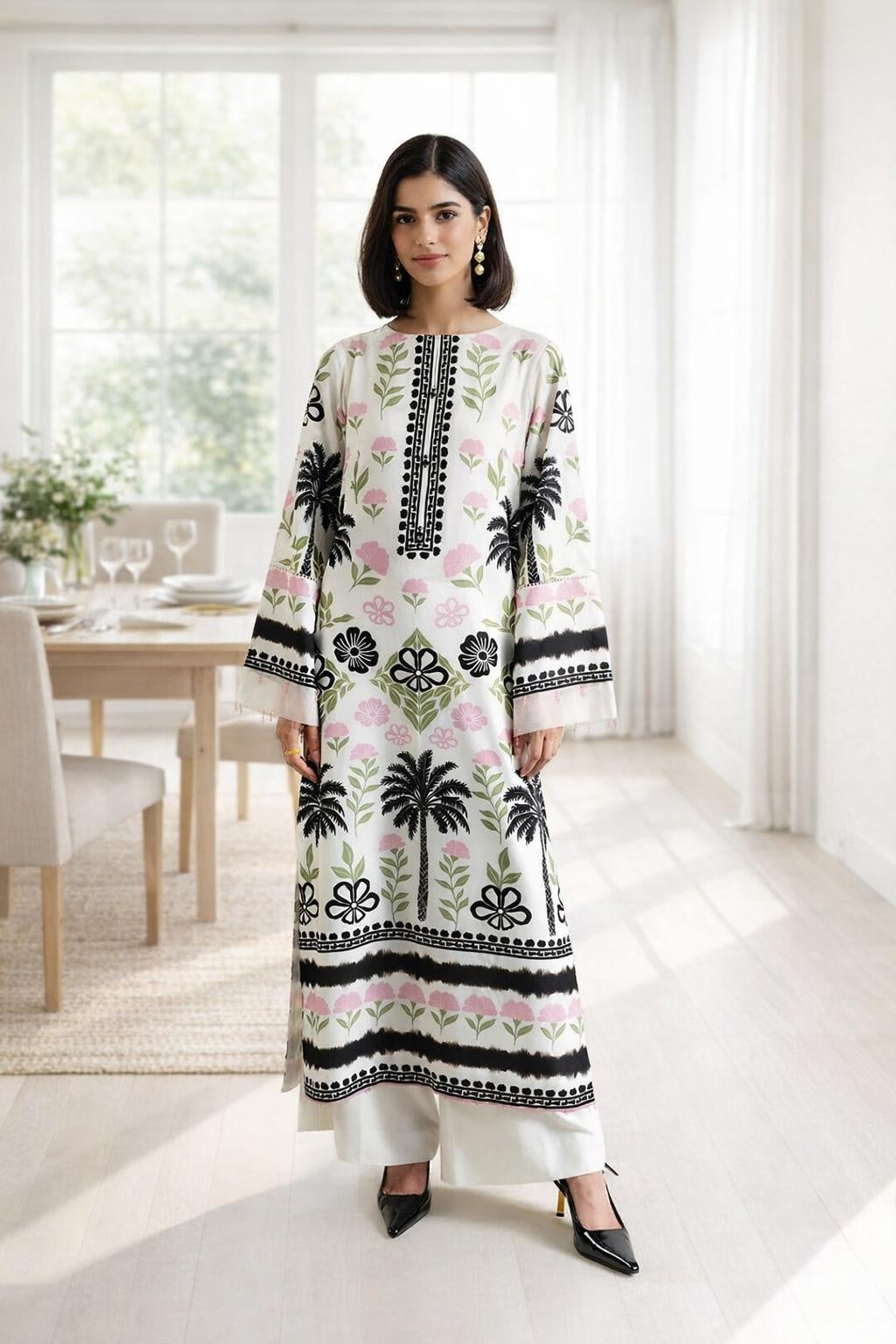 PREMIUM ivory garden print modest kurta set women