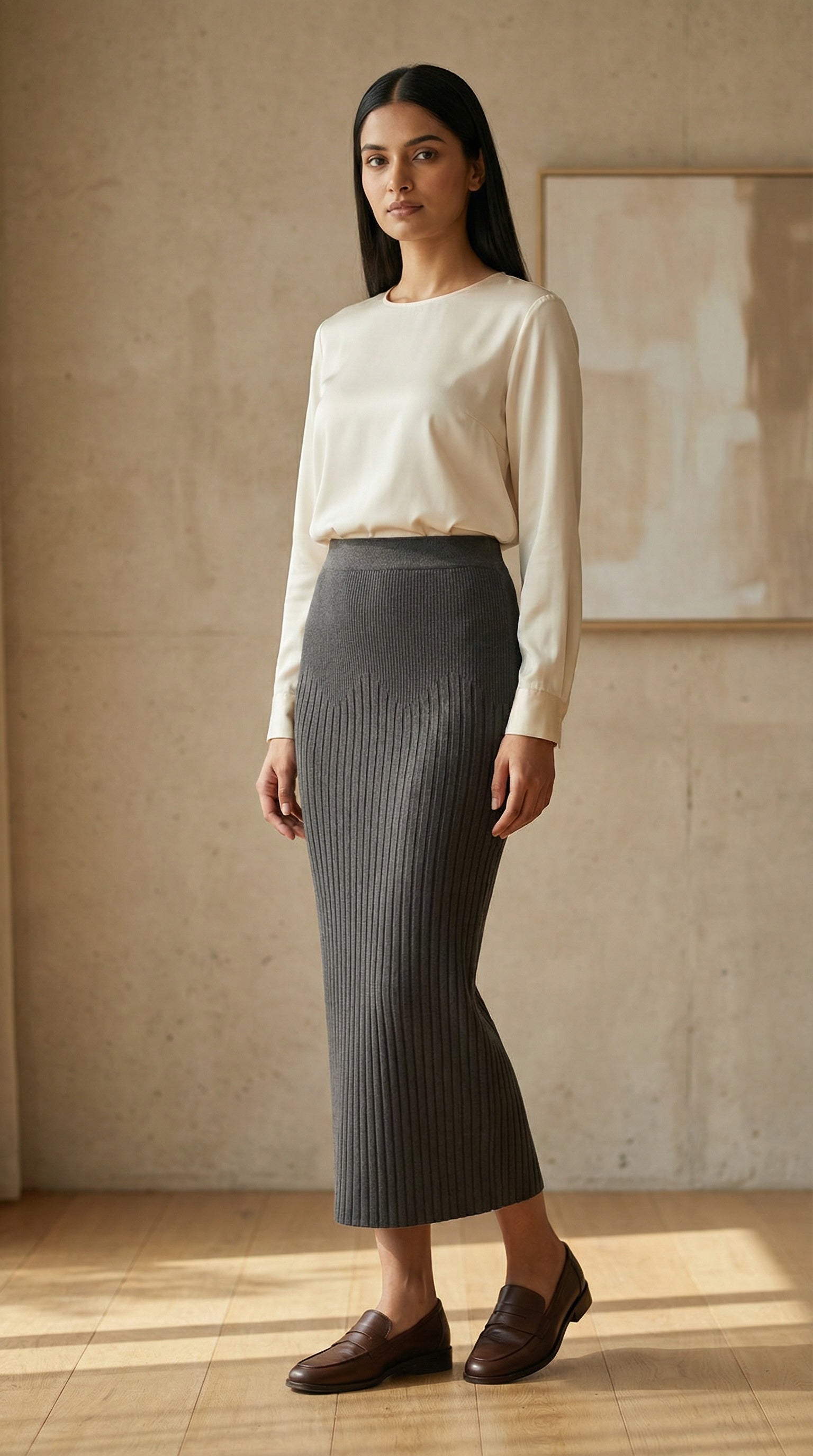 Charcoal Grey Ribbed Knit Straight Modest Maxi Skirt