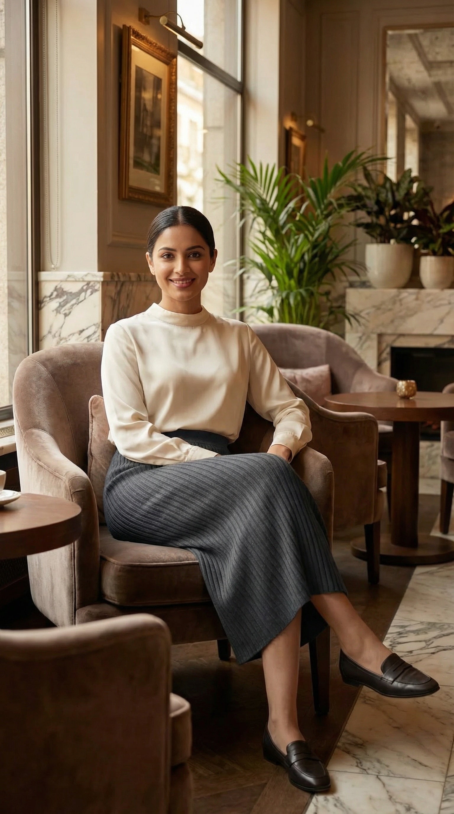 Charcoal Grey Ribbed Knit Straight Modest Maxi Skirt