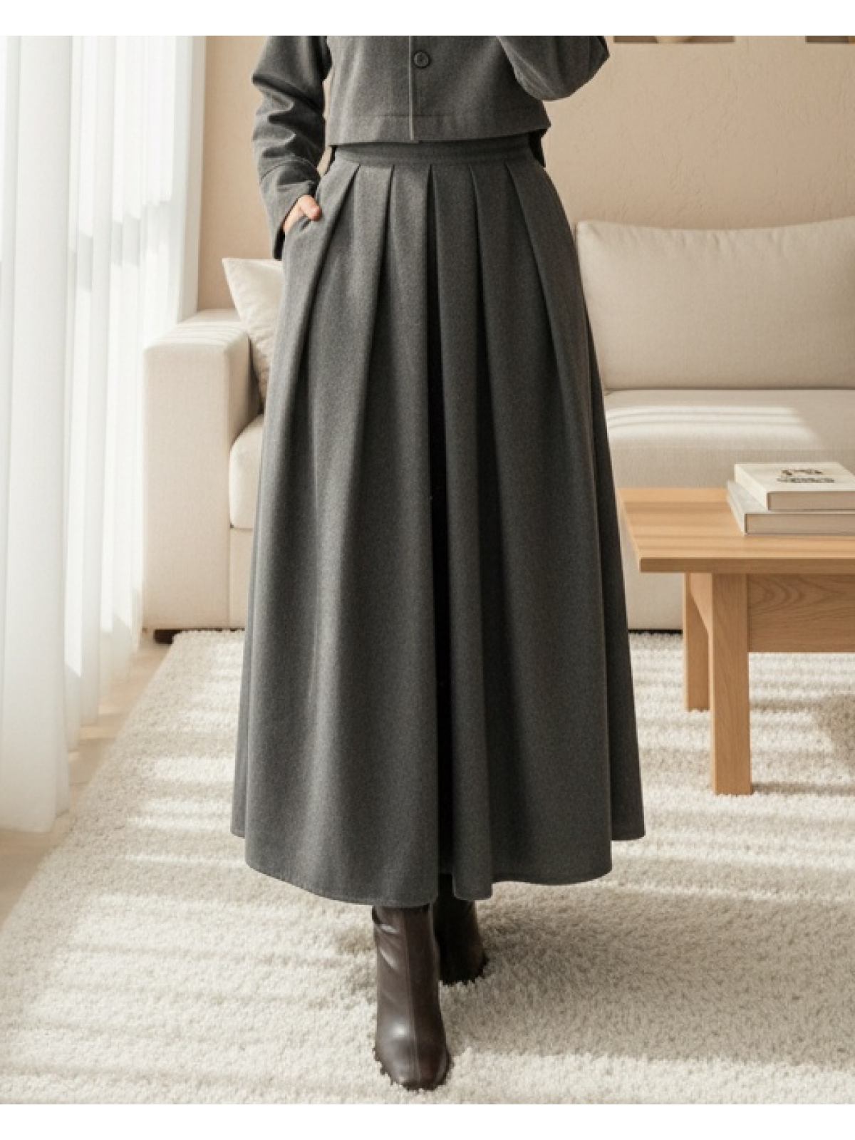 premium full length modest pleated skirt charcoal
