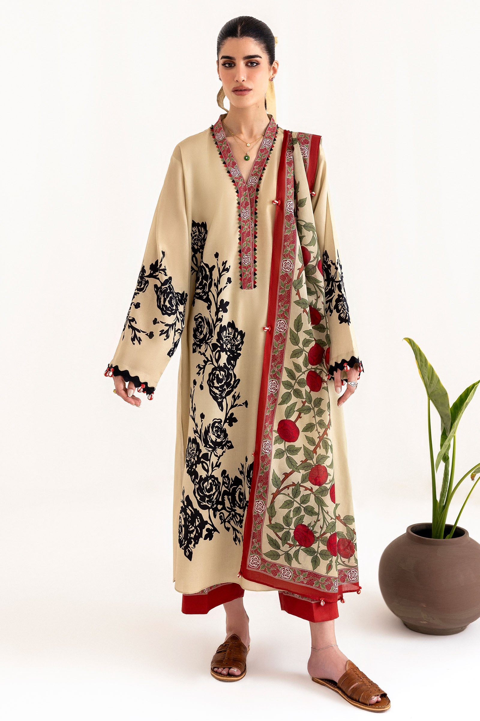 beige floral modest kurta set with dupatta