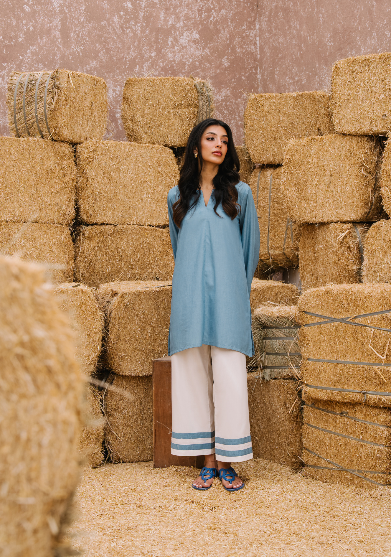 dusty blue kurta ivory pants modest outfit