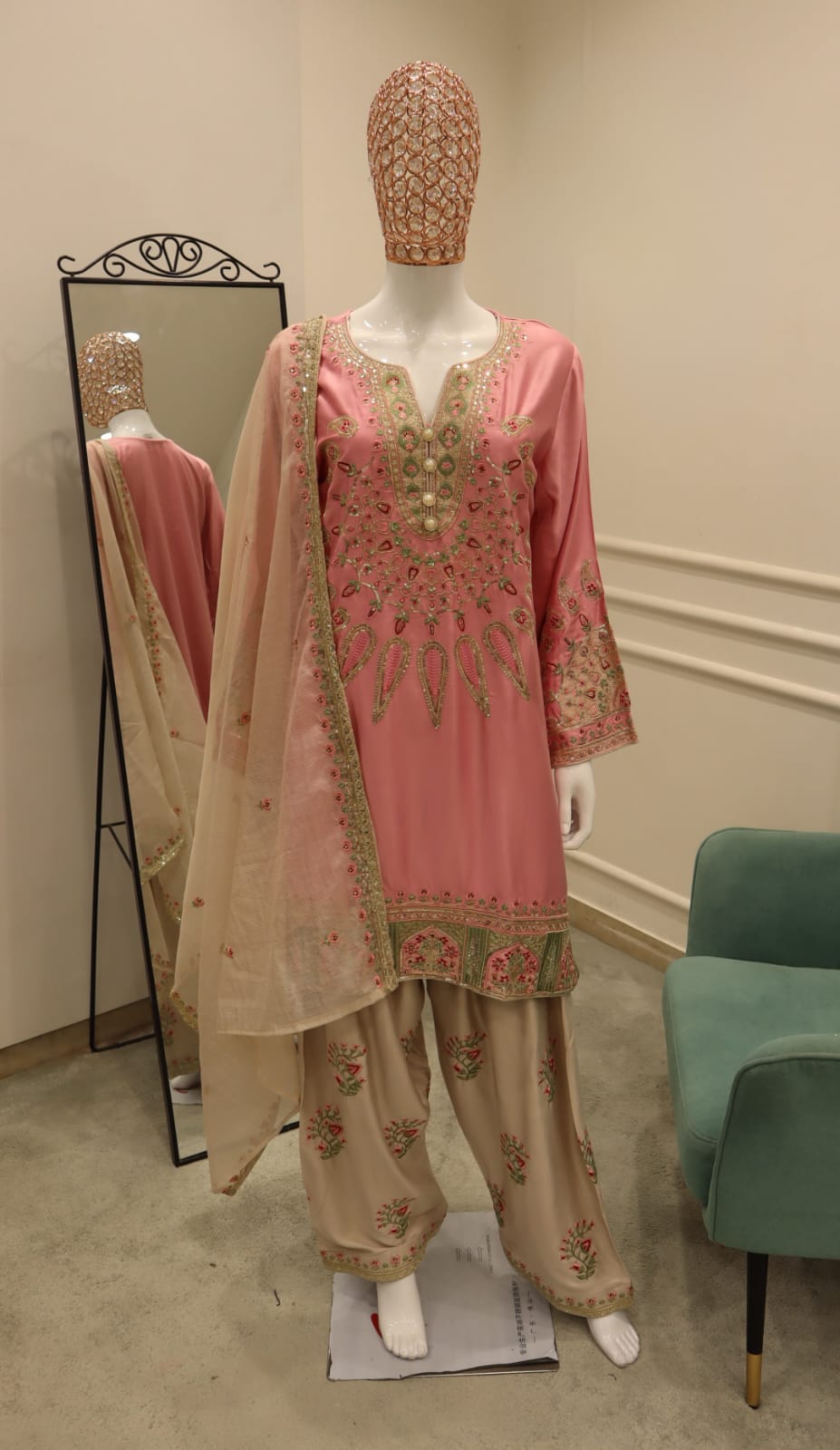 Dusty Zari three-piece Farshi outfit with Kota Checks Dupatta and Bits Work.