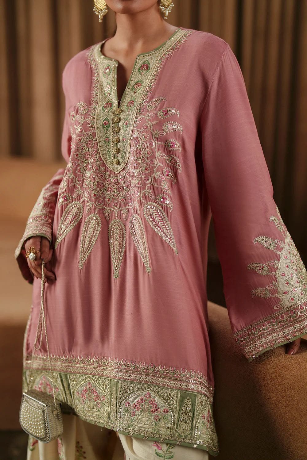 Ivory Pure Rayon Satin Farshi Shalwar with delicate floral motifs and decorative borders.