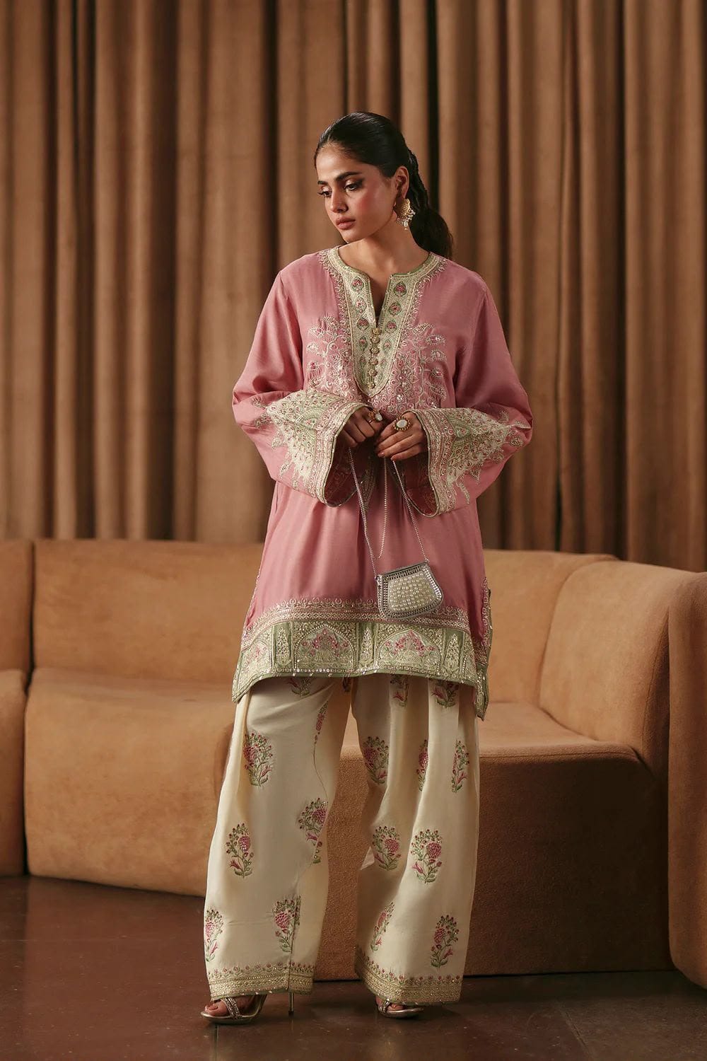 Dusty Zari Atelier Farshi Modest Co-Ord Set in dusty rose pink and ivory by Haya & Kalos.