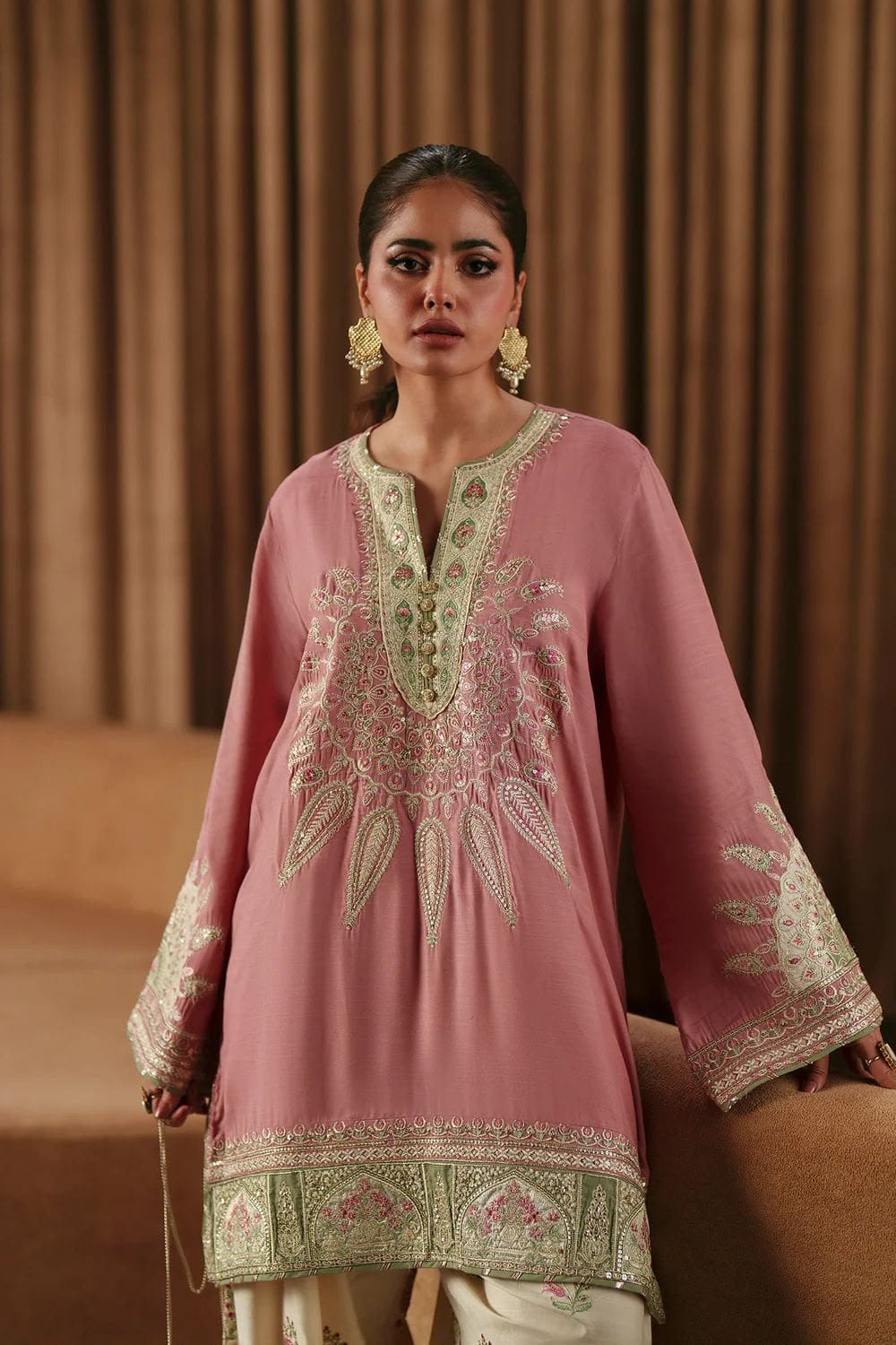 Dusty rose Pure Rayon Satin kurta with gold-toned ornamental neckline detailing.