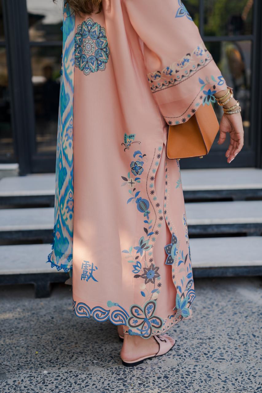 Peach co-ord set with blue geometric Georgette Chiffon scarf