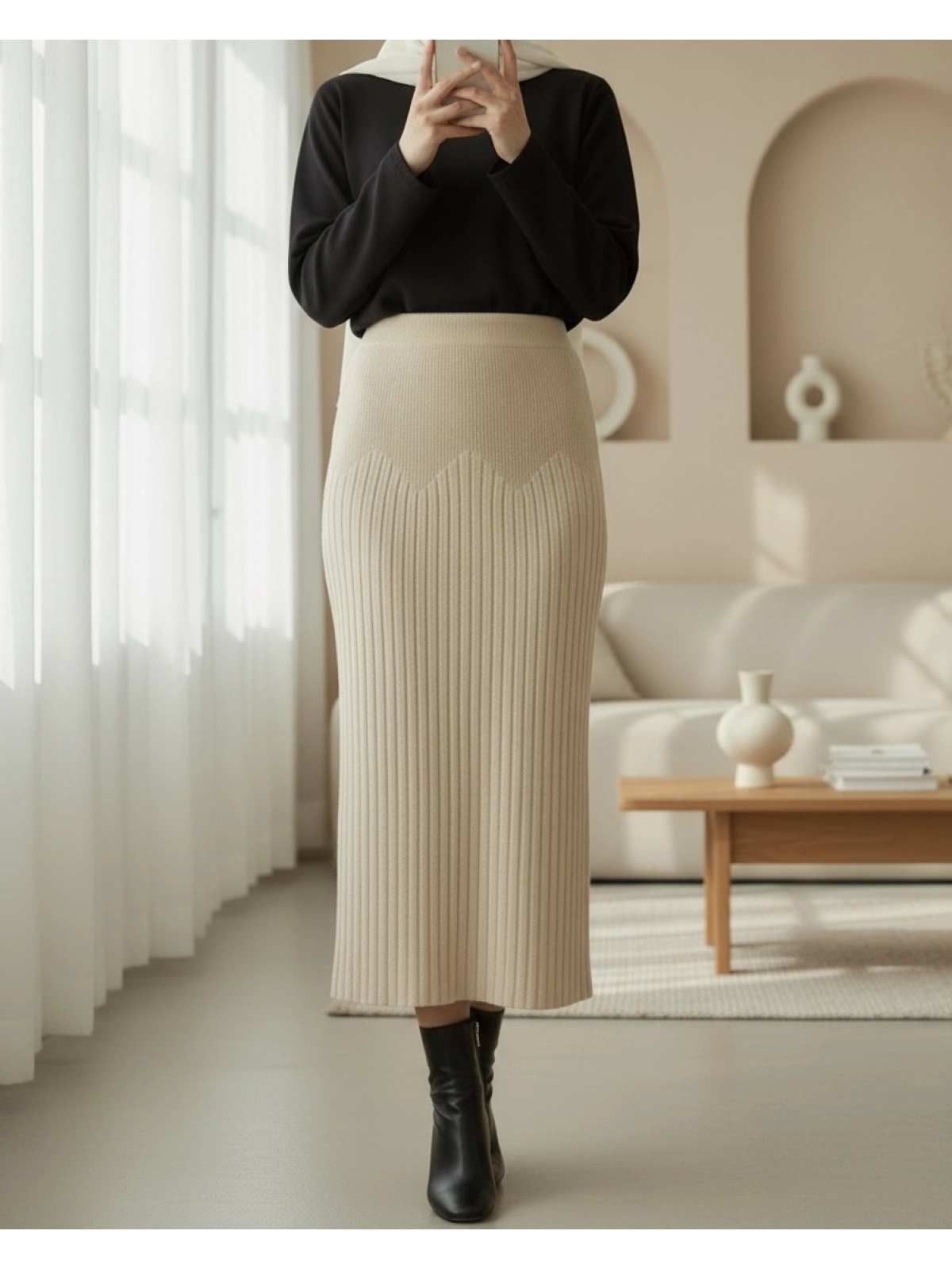 beige ribbed knit straight modest maxi skirt