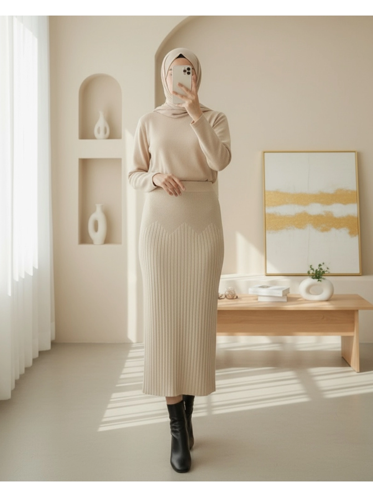 beige knit modest skirt women