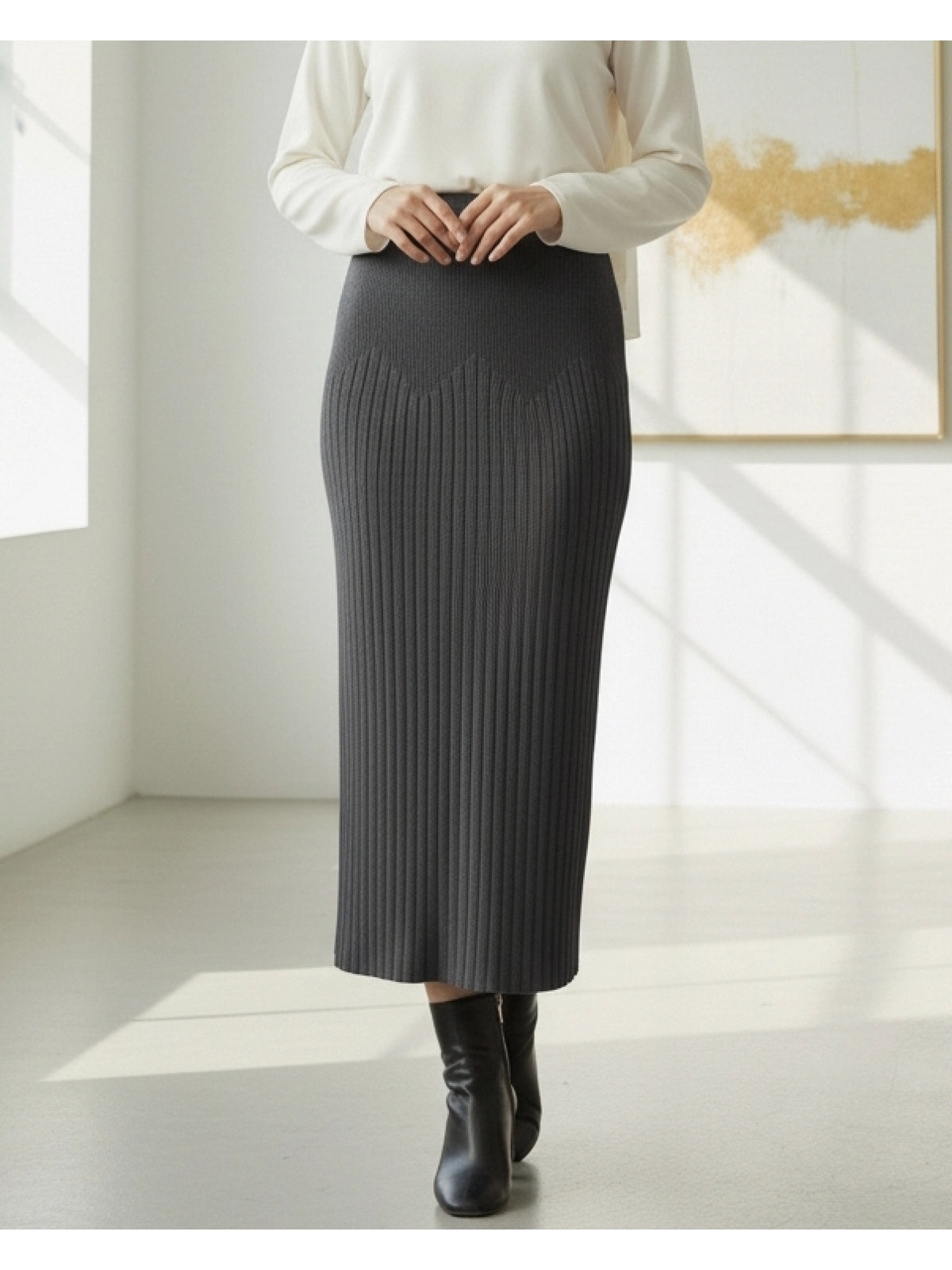 Charcoal Grey Ribbed Knit Straight Modest Maxi Skirt