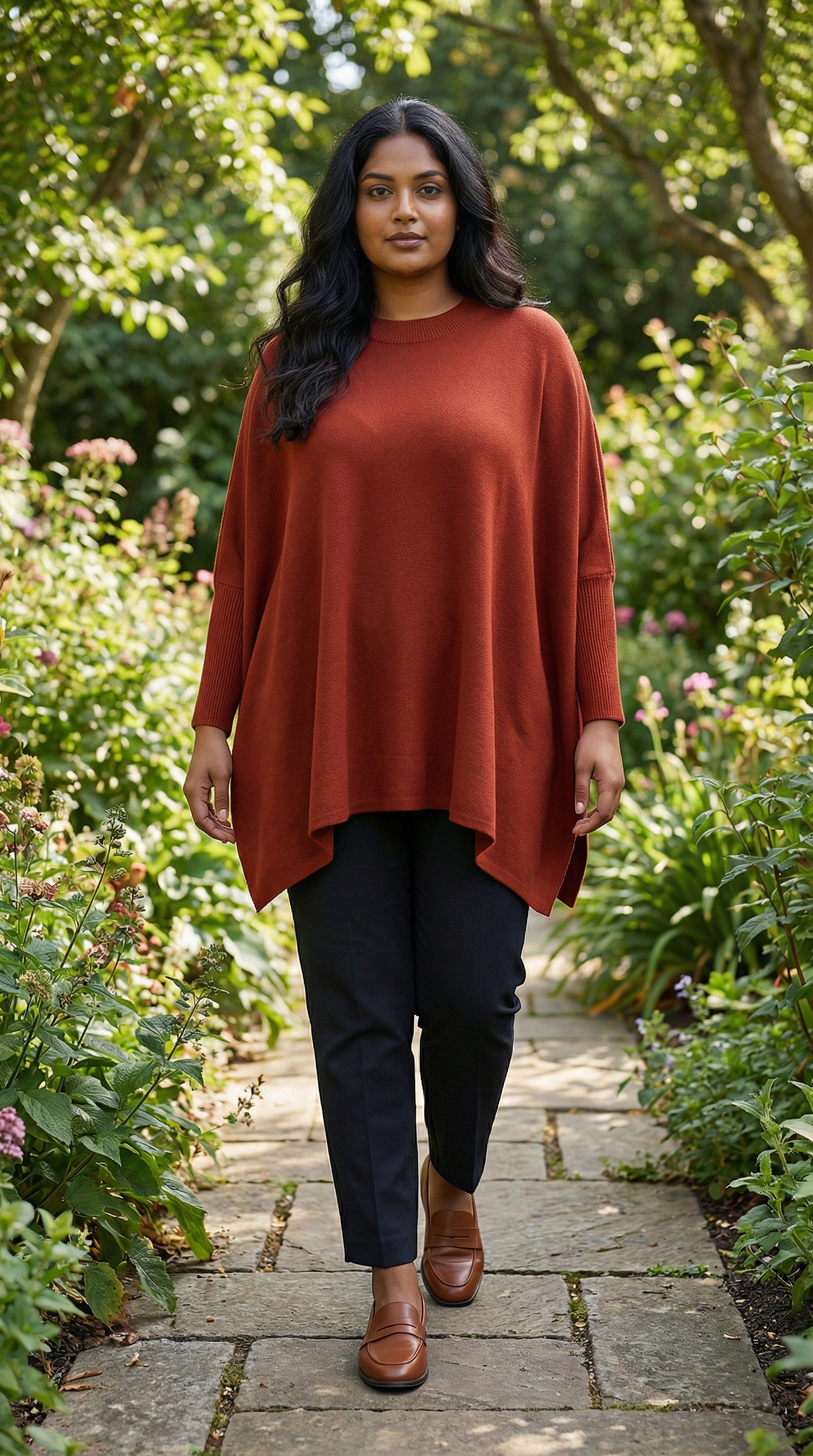 Elegant Rust Modest Poncho Sweater – Premium Knit Layer