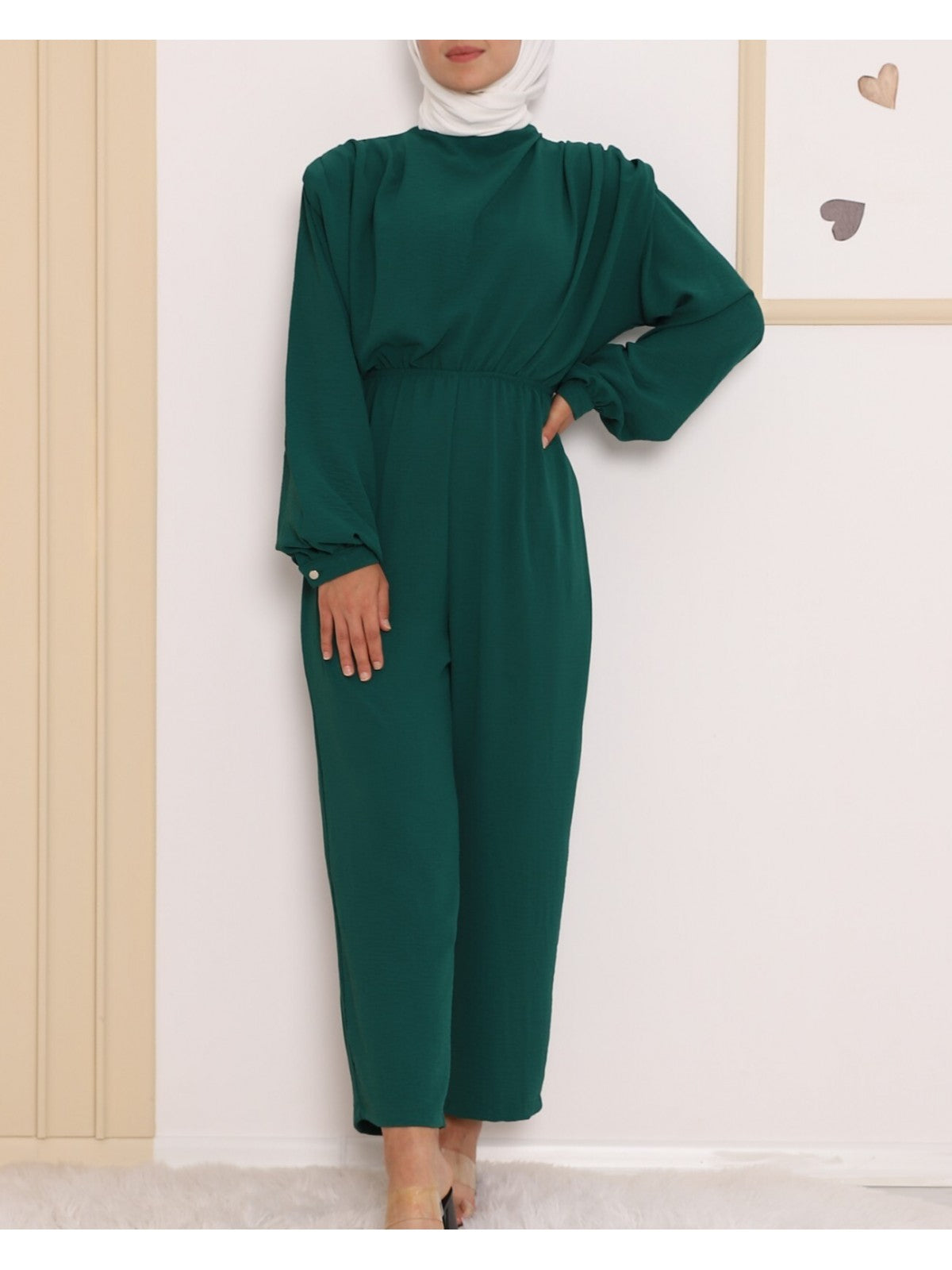 wrap waist emerald modest jumpsuit wide leg