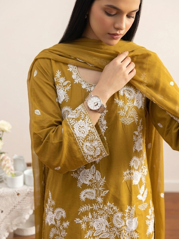 mustard embroidered modest co ord set women