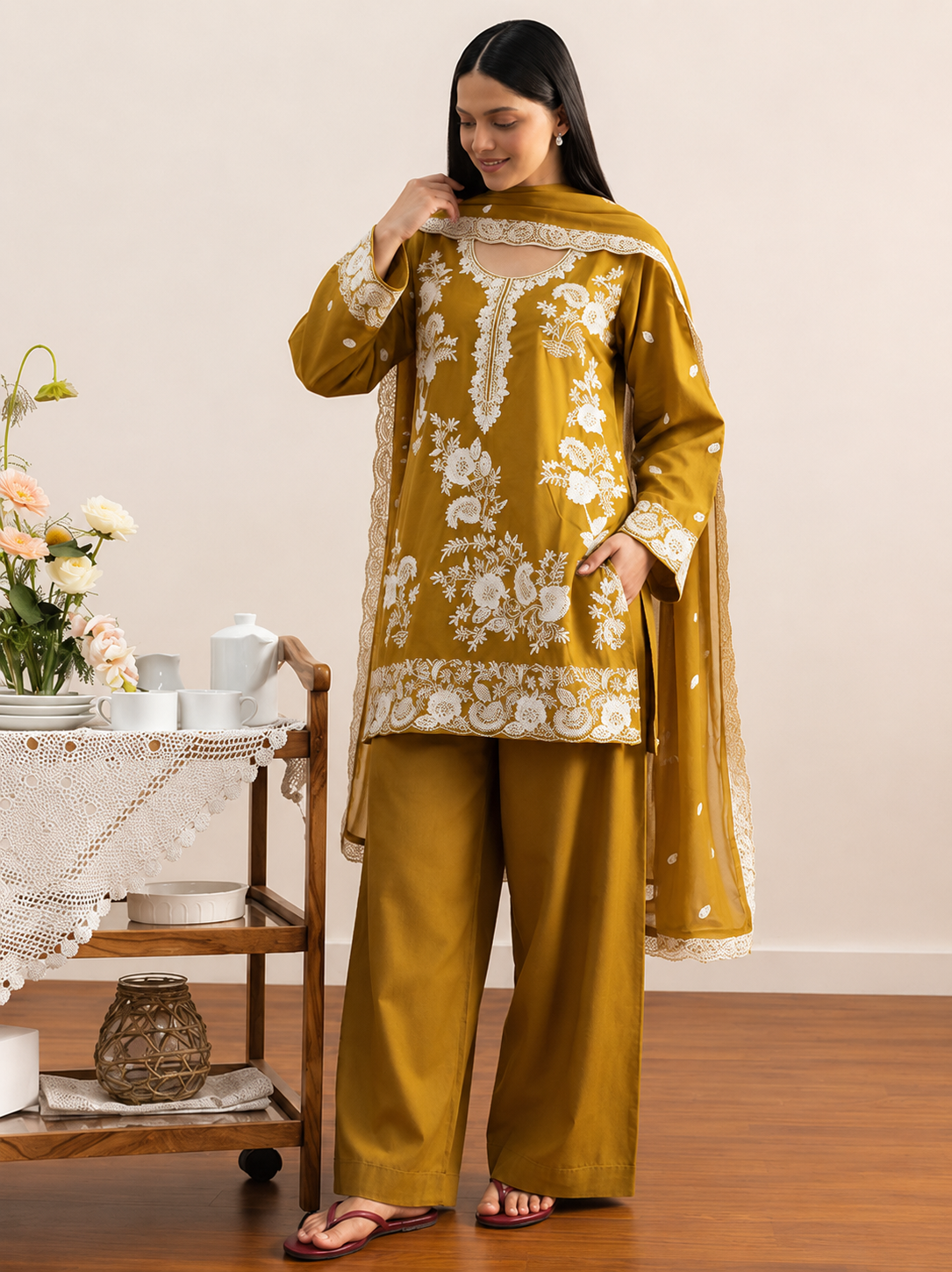 cambric cotton embroidered kurta set mustard
