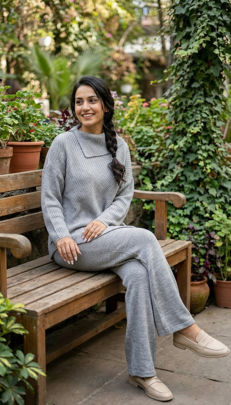 Grey Modest Shawl-Collar Oversized Knit Co-Ord Set