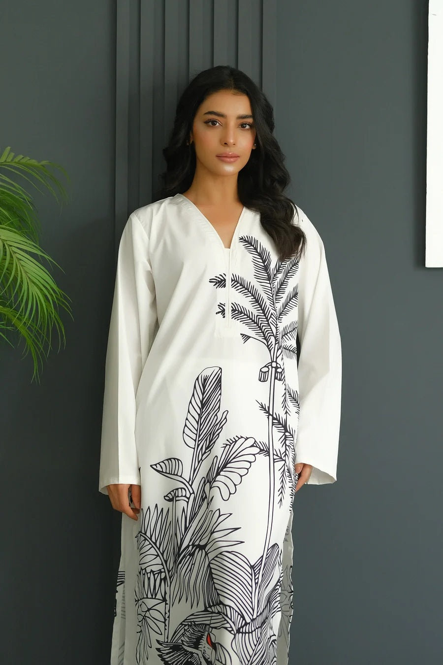 elegant ivory modest outfit with black print