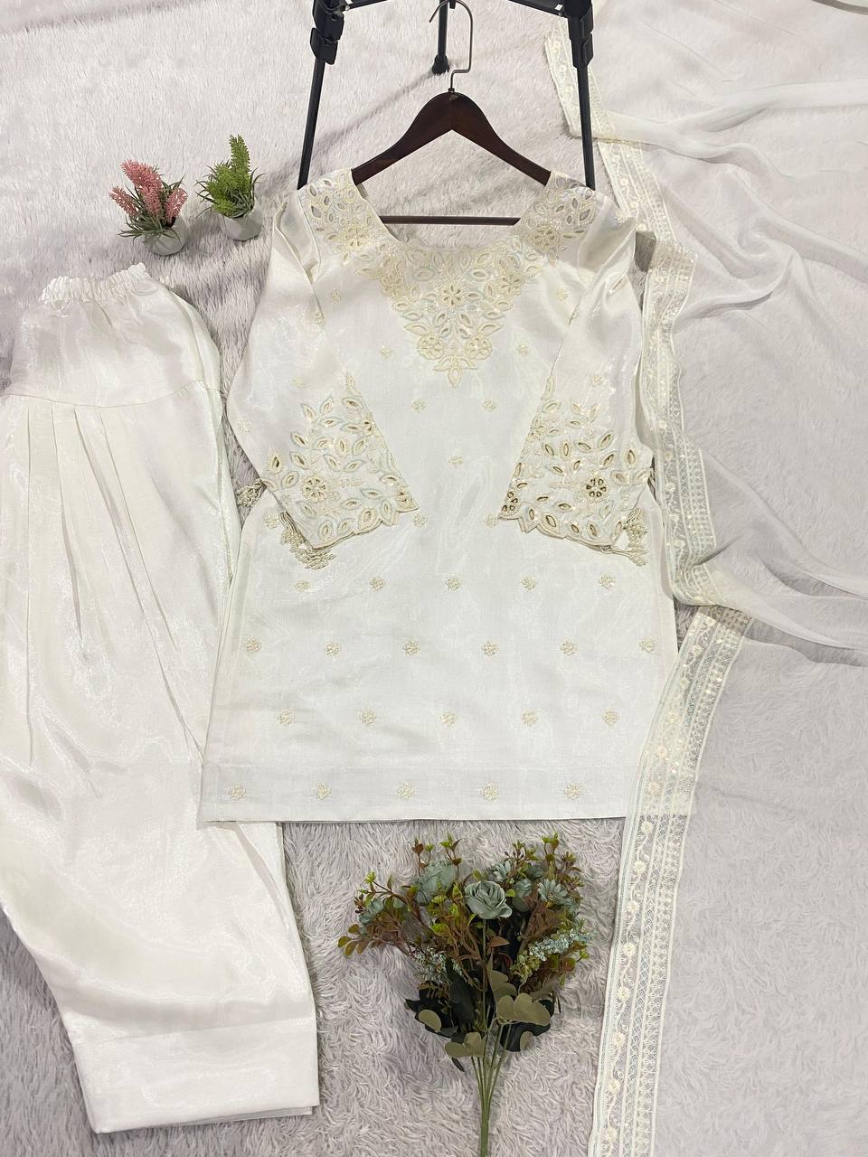 cutwork embroidered roman silk outfit