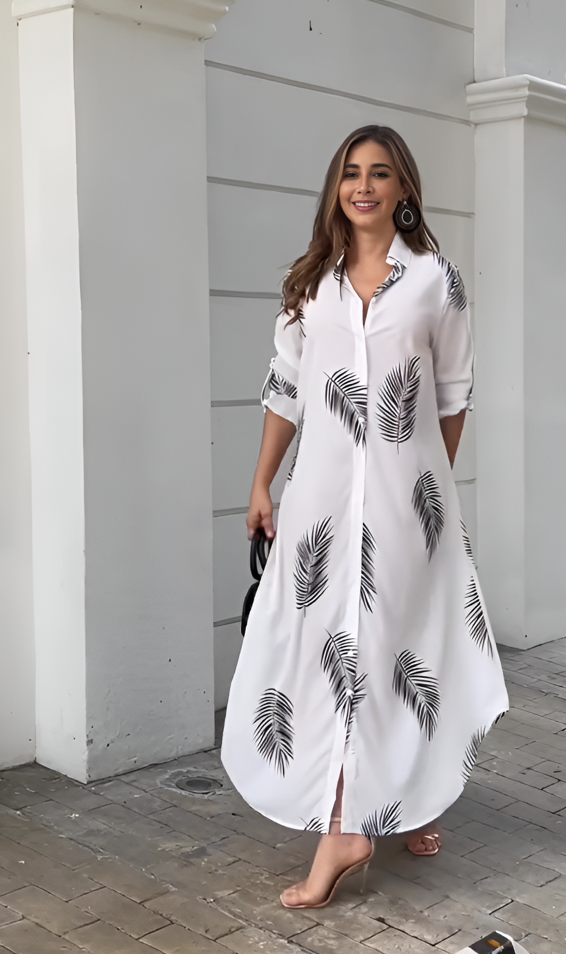 ivory palm print modest dress women