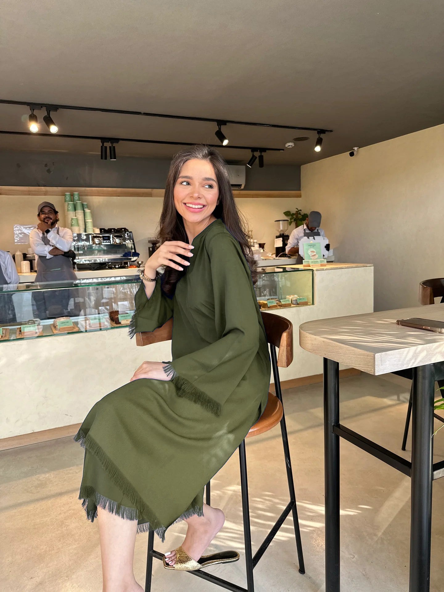 olive fringe flow modest co ord set women