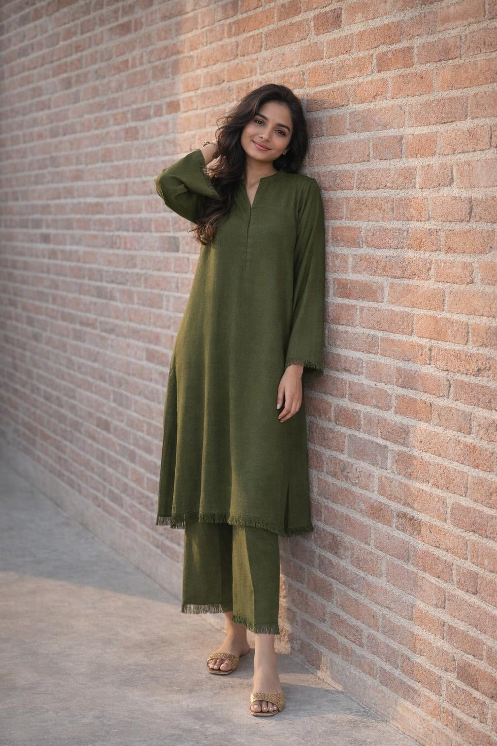 olive green modest co ord set french moss fabric