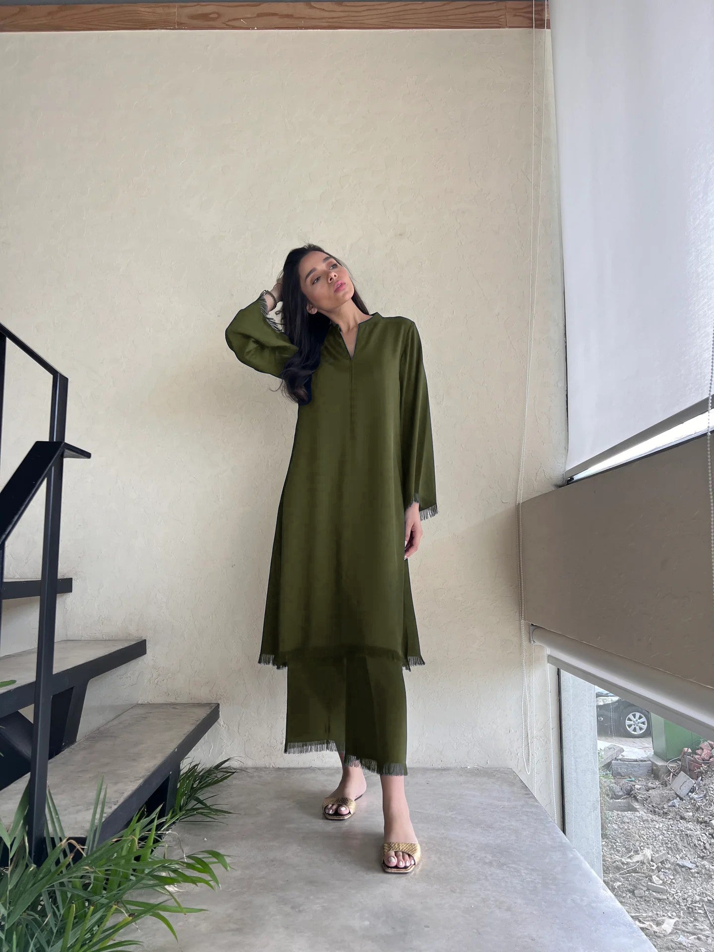 Olive Fringe Flow Modest Co-Ord Set