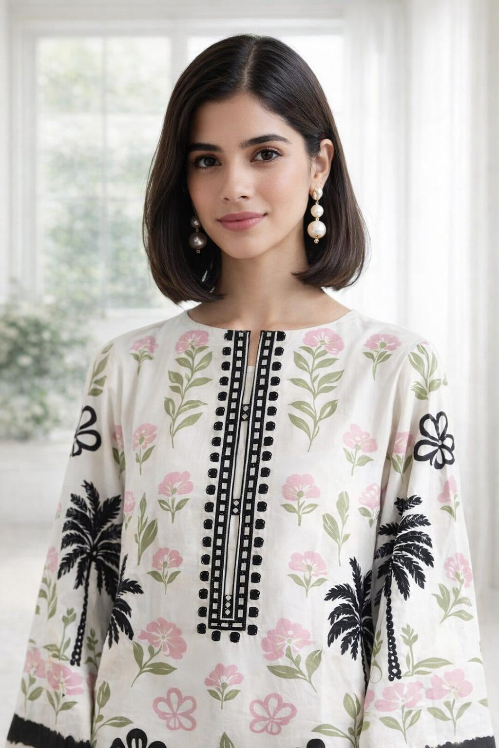 PREMIUM ivory floral palm print modest kurta set