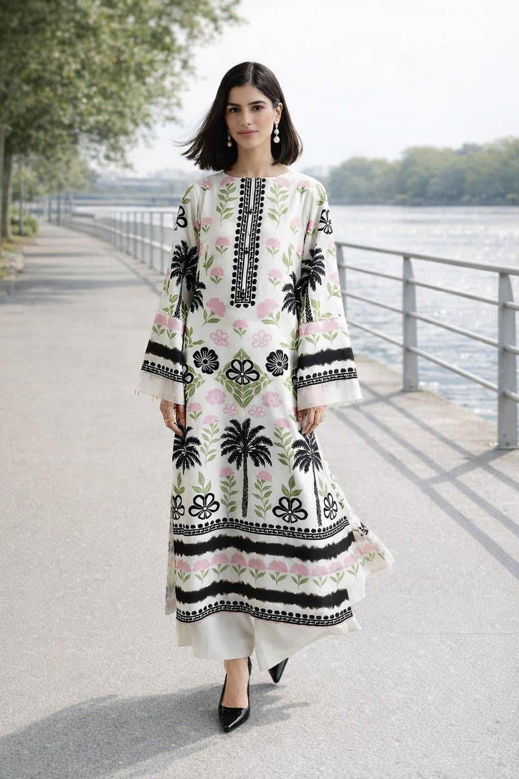 Ivory Garden Print Modest Kurta Set with Scarf