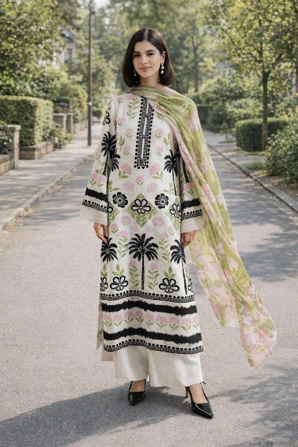 elegant ivory printed kurta outfit women
