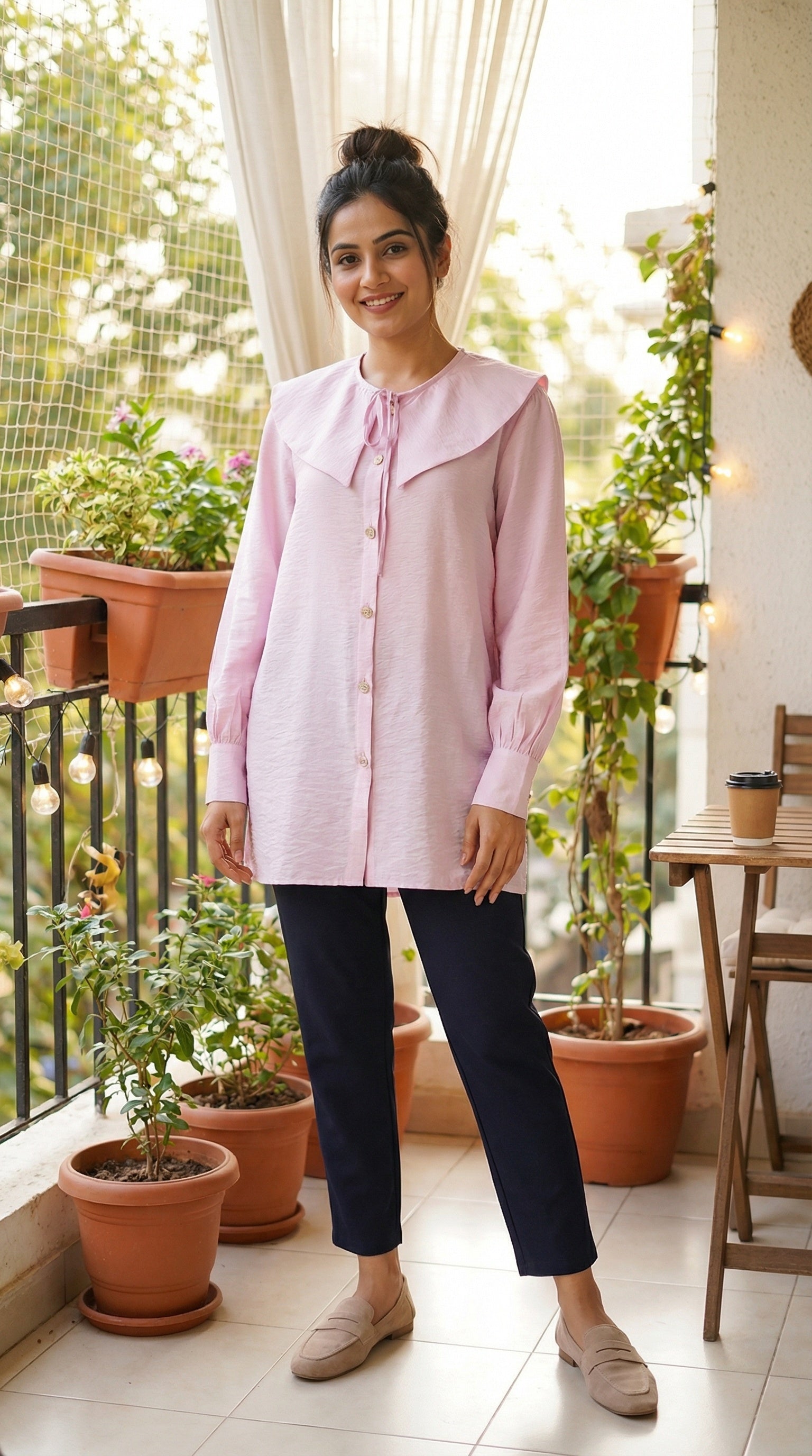 Long Pink Modest Tunic with Statement Collar & Gold Buttons
