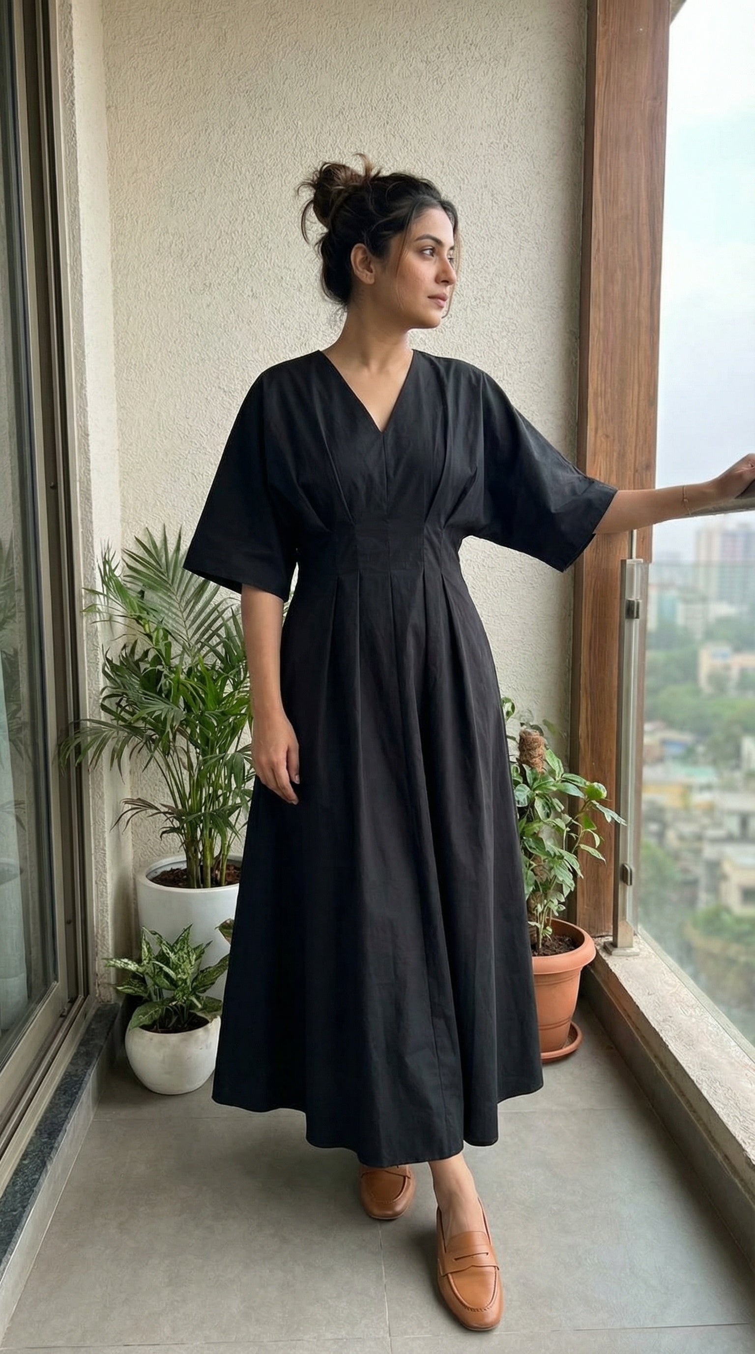 Midnight Grace Modest Black A-LineCotton Dress