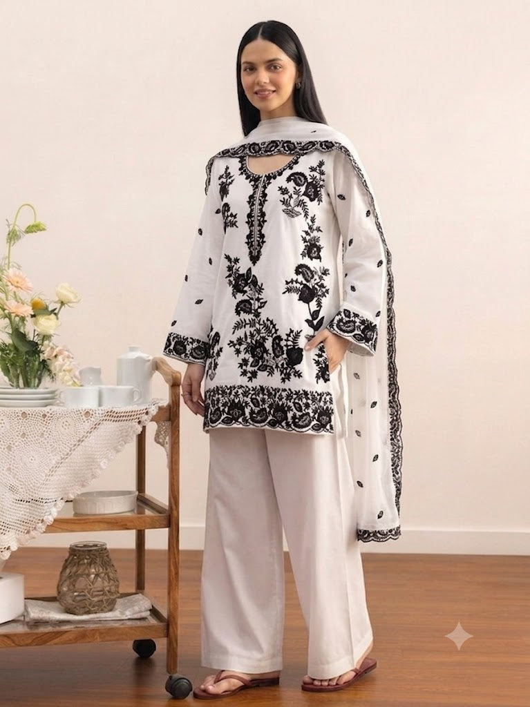 white modest co ord set with black embroidery
