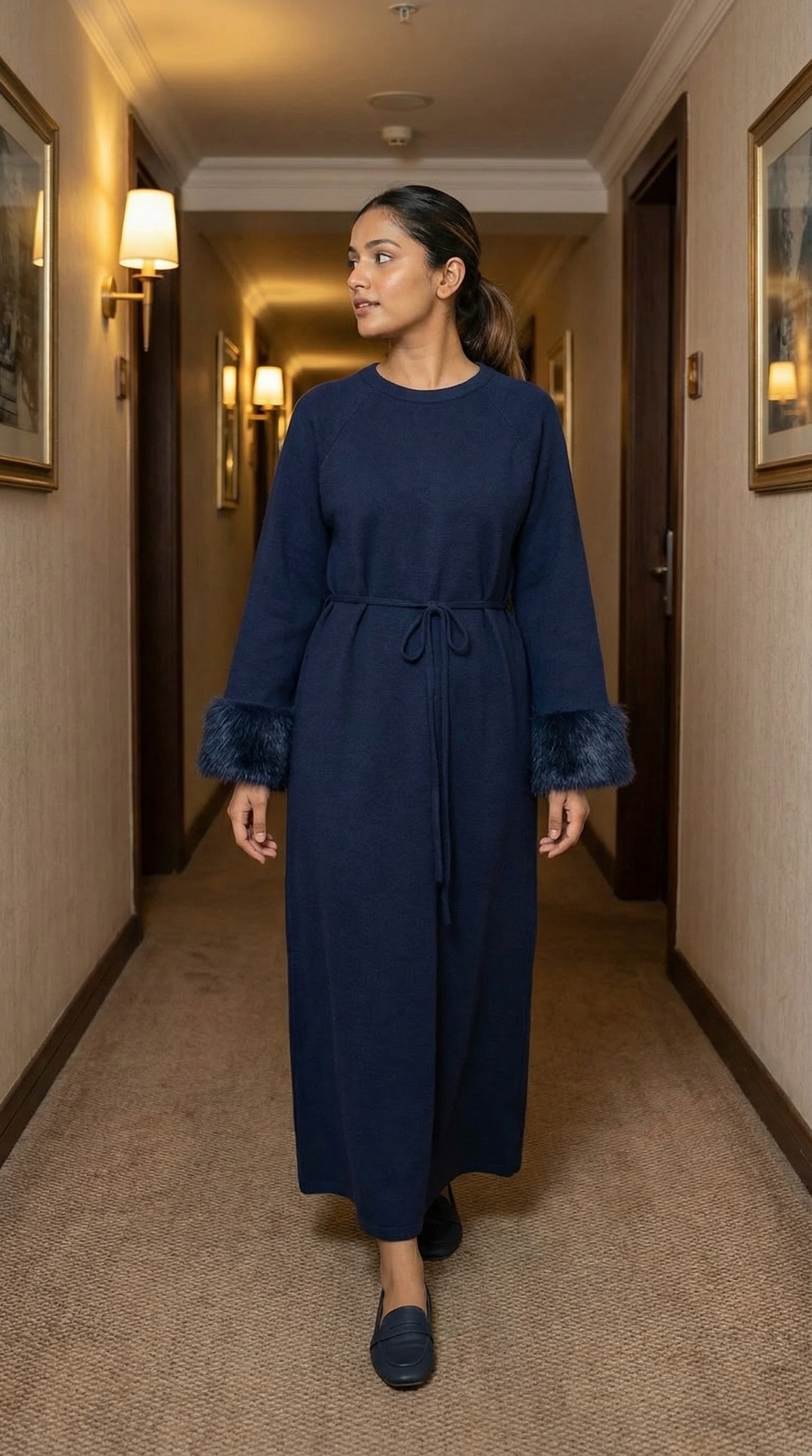 Navy Blue Tie-Up Fur Cuff Modest Maxi Dress